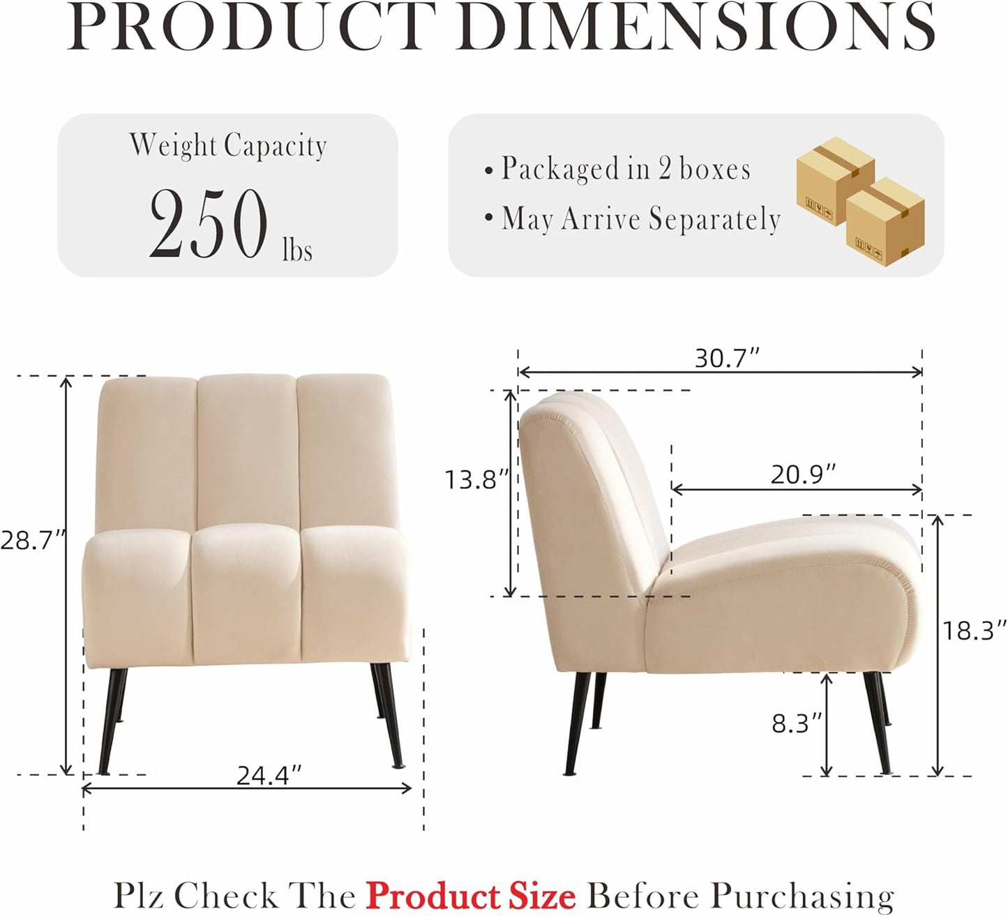 Aoiy & Wifon Velvet Accent Chair Set of 2, Single Living Room Chair with Metal Legs, Armless Reading Chair for Living Room, Beige