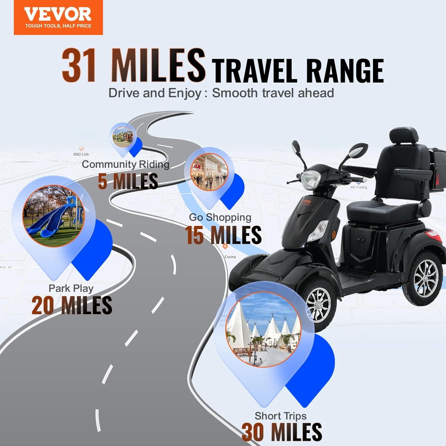 VEVOR Heavy Duty 4-Wheel Mobility Scooters for Seniors & Adults, 500lbs Capacity - 31 Miles 3-Speed Long Range, 800W All Terrain Electric Recreational Scooter Wheelchair with 25° Max Climbing Capacity