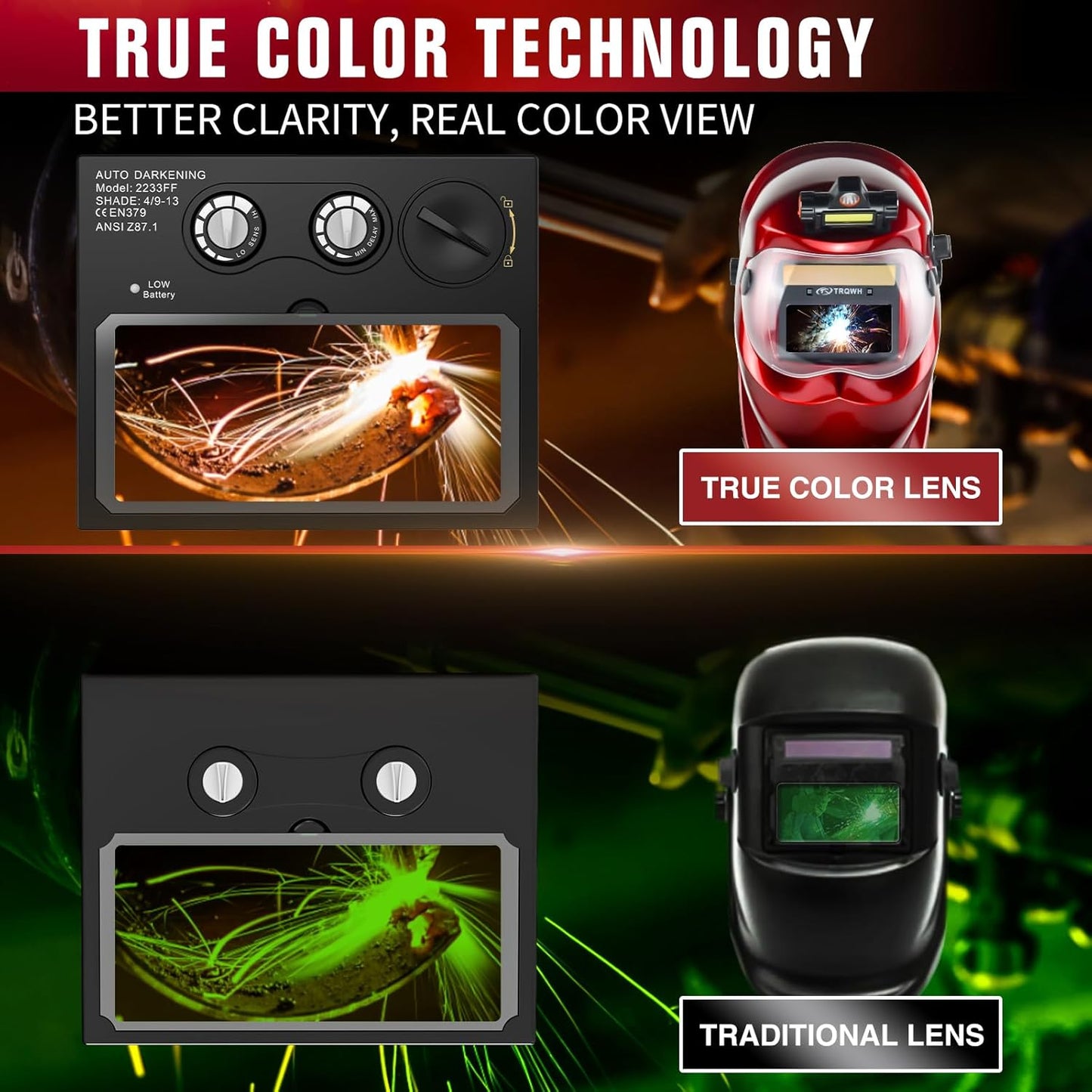 Auto Darkening Welding Helmet with Light Solar Powered True Color Welding Hood 2 Arc Sensor Wide Shade 9-13 Welding Mask with Extra Grinding Mode Weld Helmet (Red)