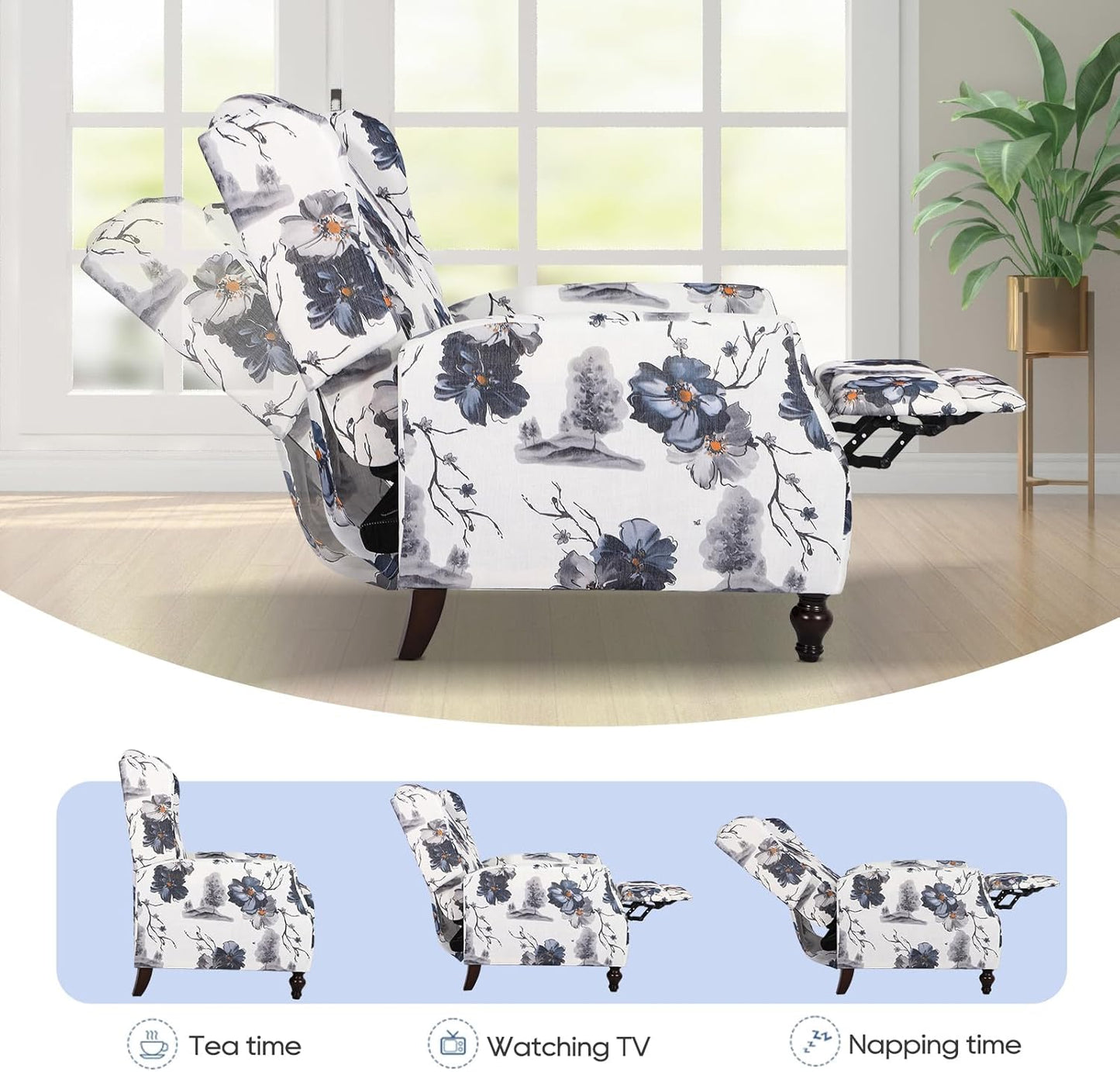 Wingback Recliner Chair - Tufted Arm Chair Recliner - Fabric Push Back Single Sofa for Living Room Adjustable Backrest (Pair, Blue Floral)