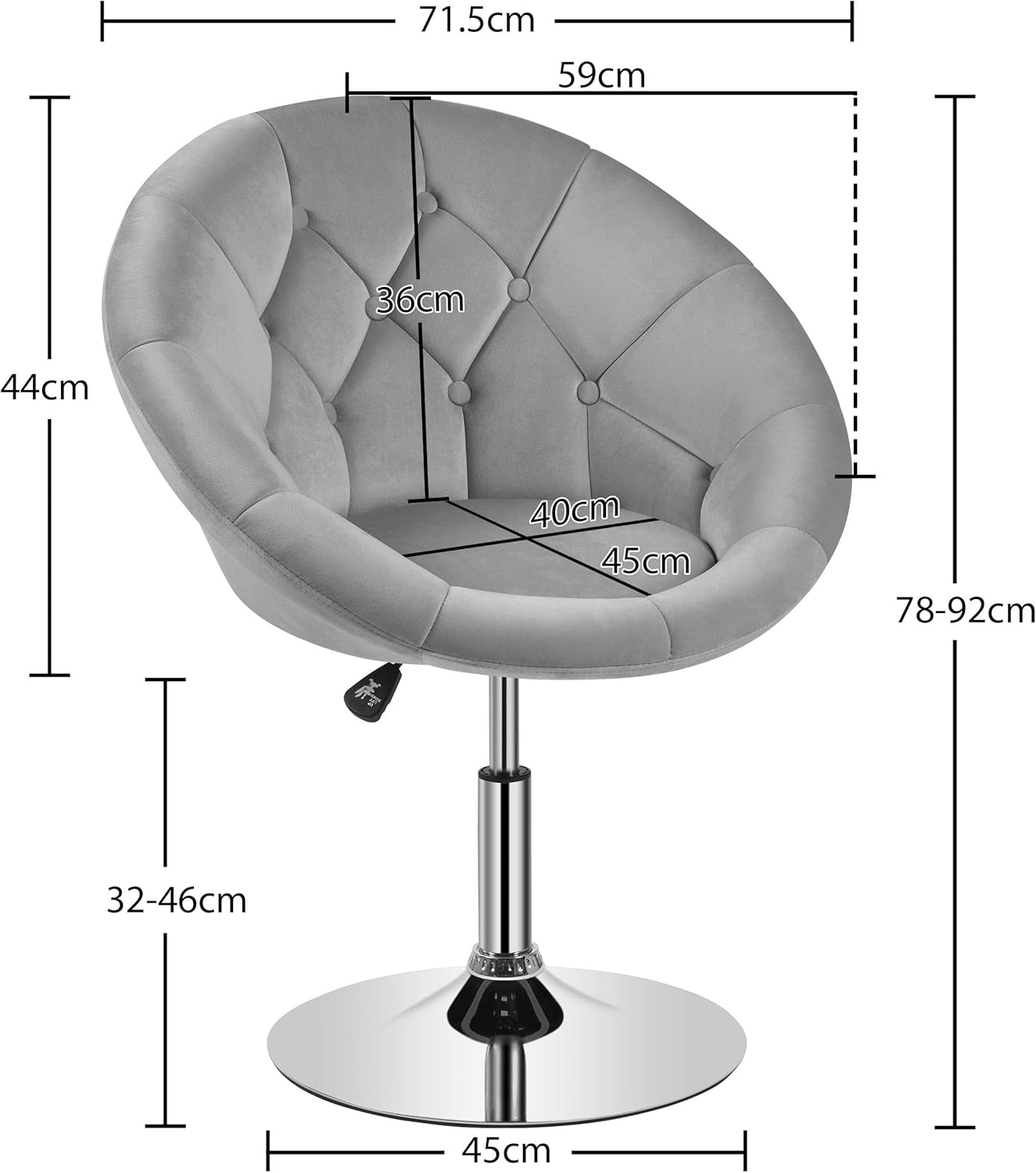 Adjustable Armchair Cozy Velvet Vanity Chair with 360 Degree Swive Large Base Barstool Living Room Tub Chair Accent Chair for Dressing Room Bedroom Lounge, Grey