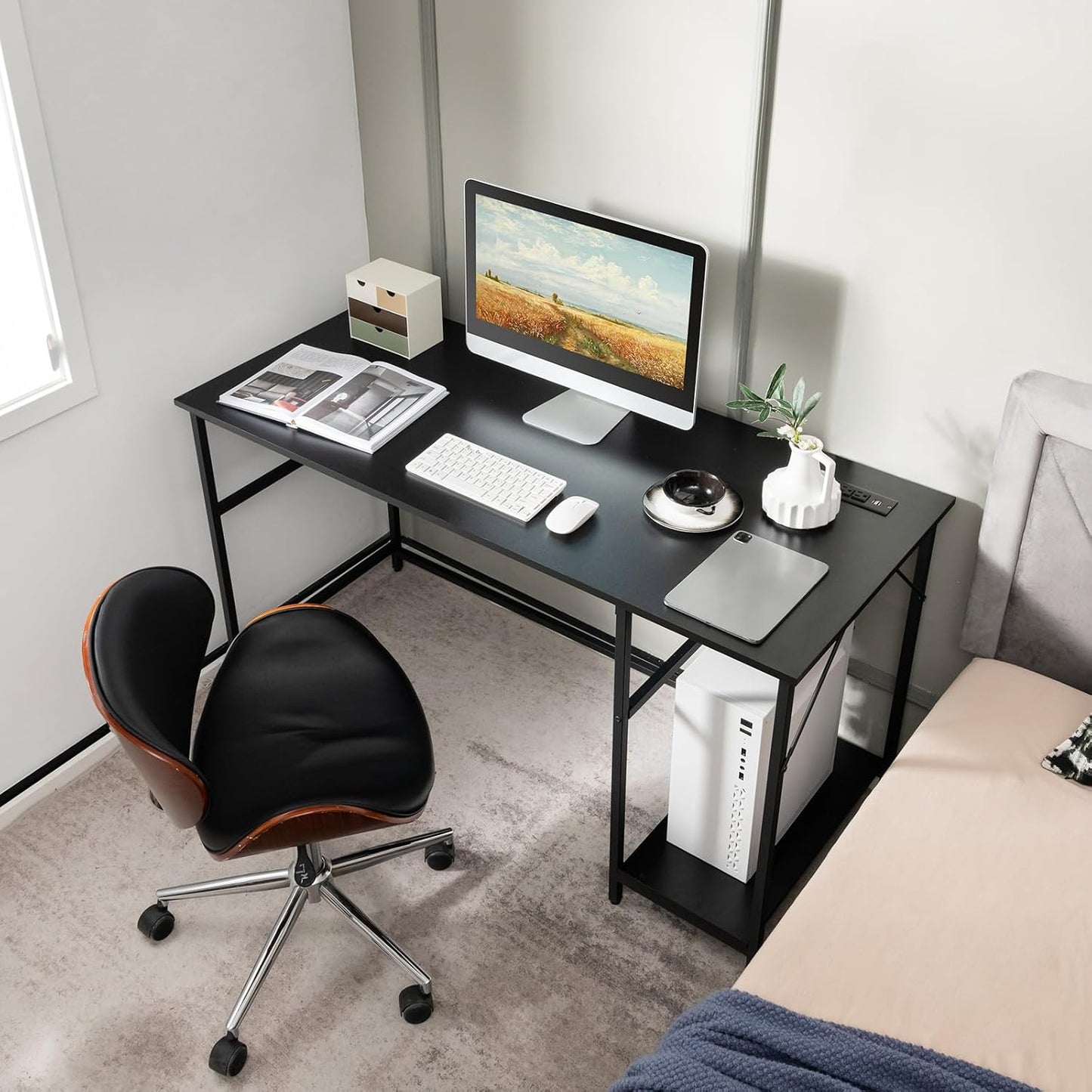 Tangkula 55 Inch Computer Desk with Power Outlets & USB Ports, Home Office Desk with Built in Charging Station with Switch, Computer Workstation Writing Study Desk with Storage Shelf & CPU Stand