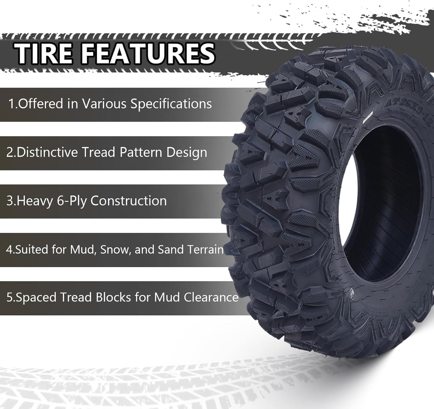 2 Pack ATV UTV AT Mud & Trail Tires,26x9-14 6PR Professional Terrain Off-Road Tires