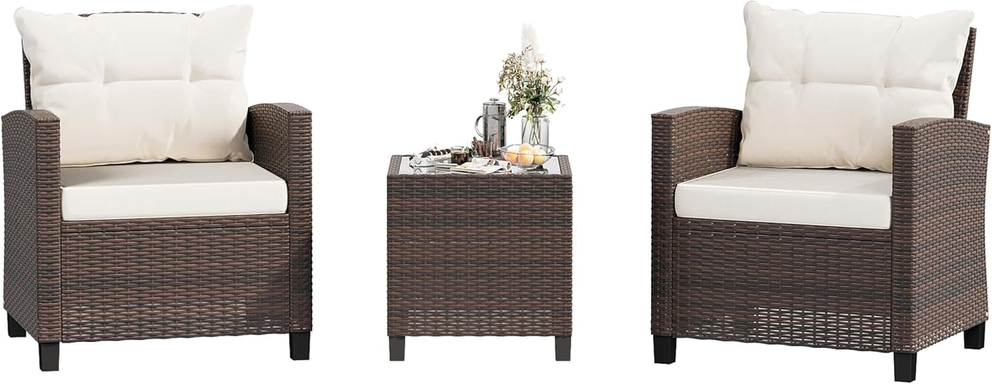Shintenchi 3 Pieces Patio Furniture Set 3 Pieces PE Rattan Wicker Chairs with Table Outdoor Furniture for Backyard/Garden/Poolside/Outdoor Restaurant Brown Rattan with White Cushion