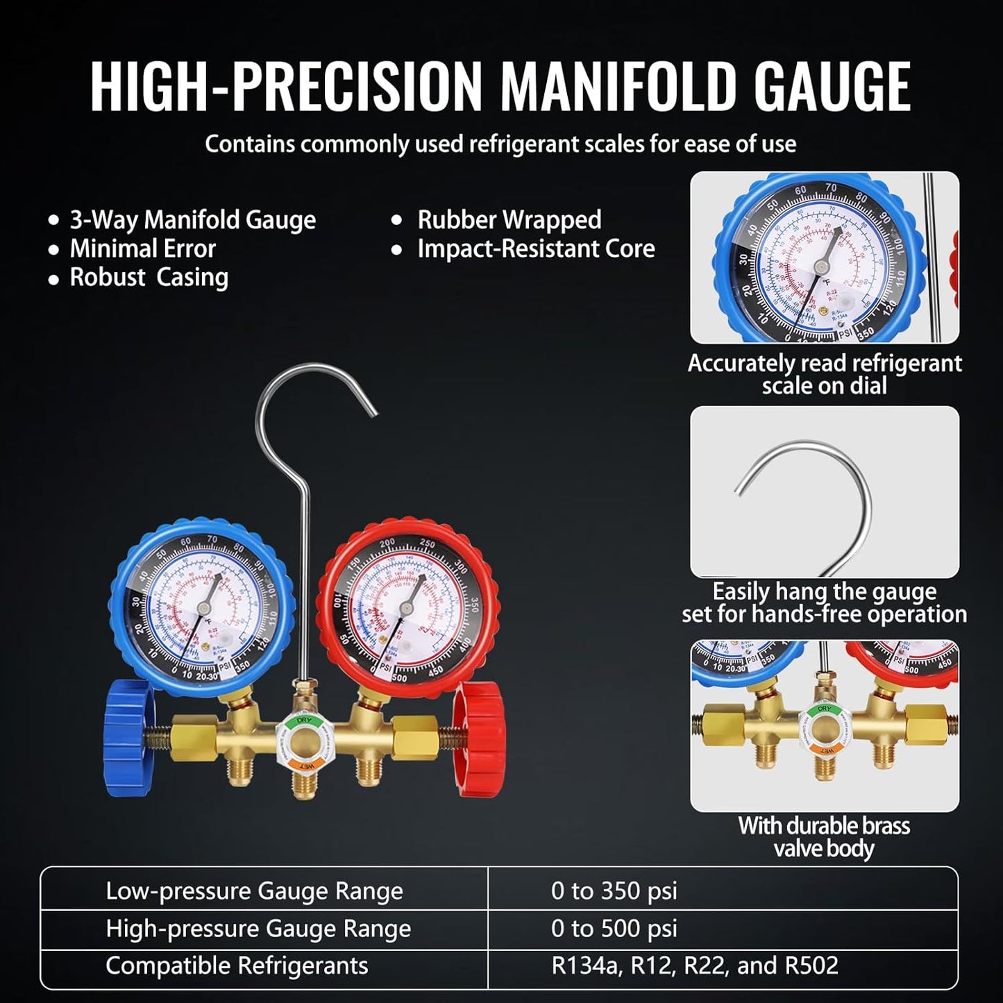 4.5 CFM AC Vacuum Pump and Gauge Set,for Mini Split,HVAC,Auto Systems,Manifold Gauge Kit Compatible with R134a R12 R22 R502,Includes 3 Hoses,R134a Can Tap,Upgraded Trifold Storage Case