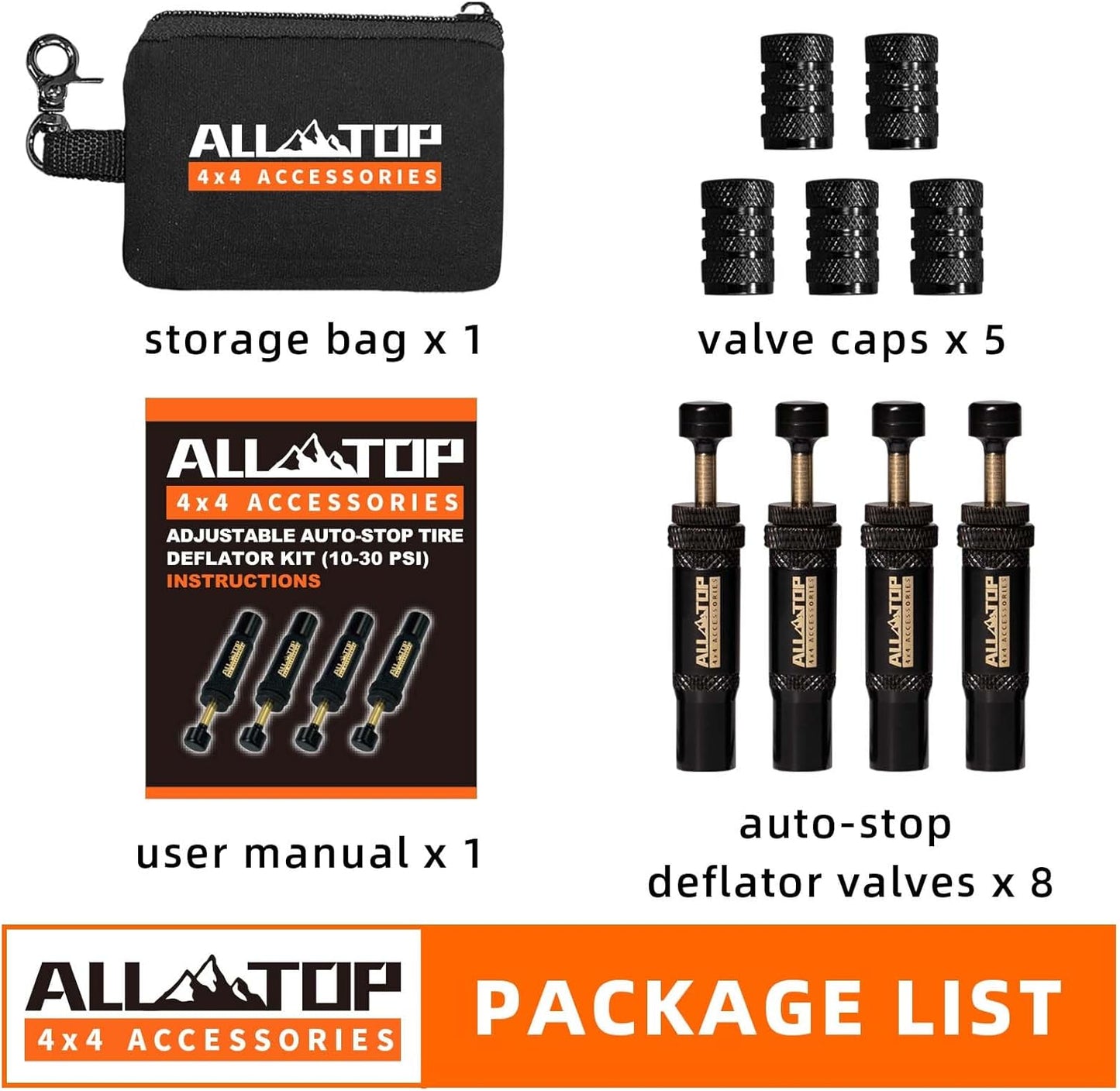 ALL-TOP Adjustable Auto-Stop Tire Deflator Valve Kit (10-30 PSI) 8 PCS Screw-on Tyre Air Down Tool for Offroad 4x4 (with 5 Valve caps)