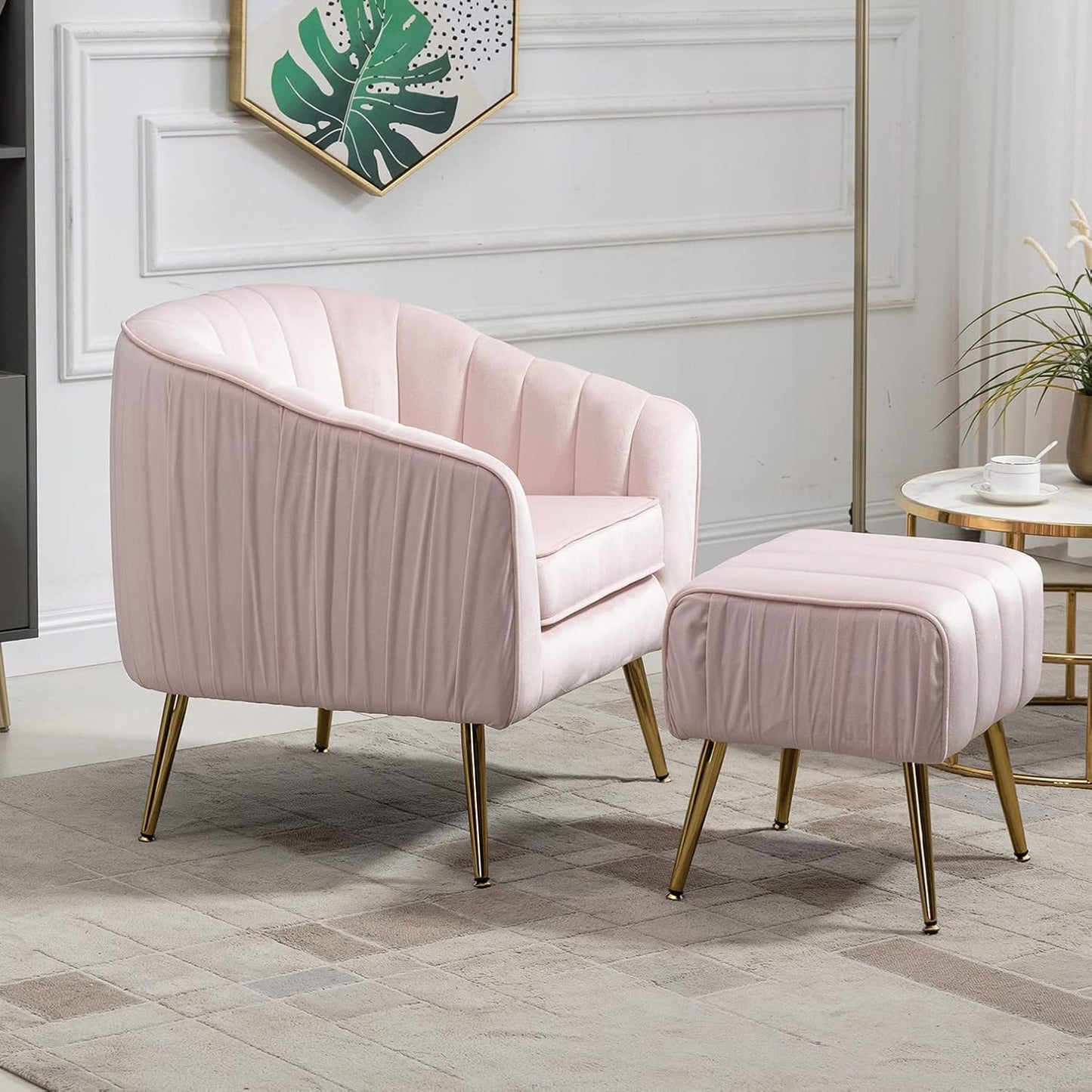 Yoluckea Modern Velvet Tub Barrel Chair with Ottoman Mid Century Upholstered Single Sofa Armchair Comfy Accent Living Room Chair with Ottoman Footrest Set for Bedroom Reading Room - Blush Pink
