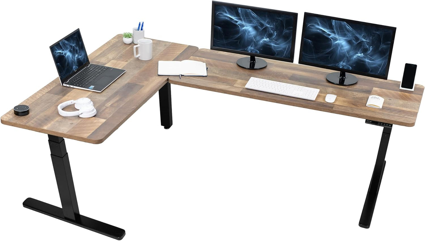 VIVO Electric Height Adjustable 83 x 60 inch Corner Stand Up Desk, 2 Light Wood Solid Table Tops, White Frame, Memory Controller, L-Shaped Workstation, 3E Series, DESK-KIT-3E8C