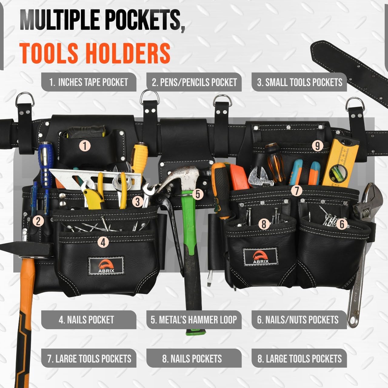 ABRIX Leather Tool Belt for Men – Heavy Duty 28 Pocket Tool Belts with Suspender, Adjustable (Fits 30" to 50"), – for Carpenters, Electricians, Contractors (Black, Extra Large)