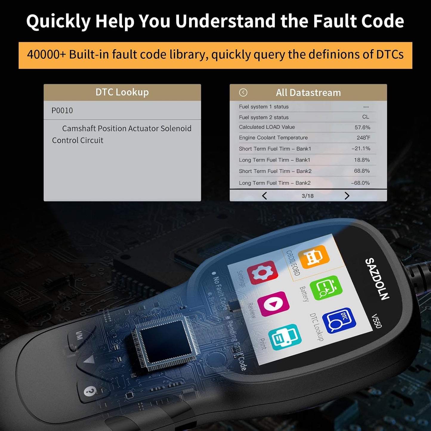 V550 OBD2-Scanner, Battery-Tester, Enhanced Car-Diagnostic-Tool Read & Clear Engine Fault Codes, CAN Scan Tool for All OBD2 Cars 1996+, 40,000+DTC, Live Data(Black)