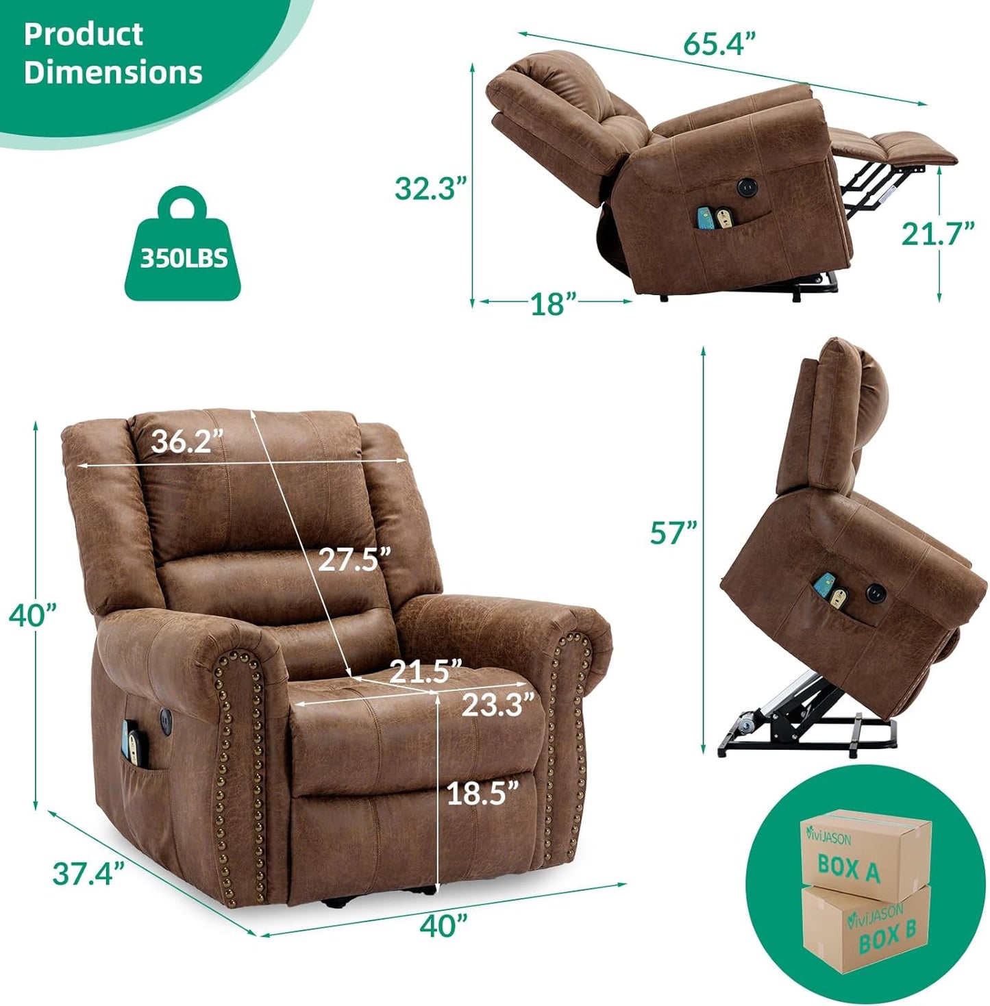 VIVIJASON Electric Power Lift Recliner Chair for Elderly, Heated Vibration Recliners Chair Massage Lounge Single Sofa Living Room Chair with 2 Remote Controls, Side Packets & USB Port, Nut Brown