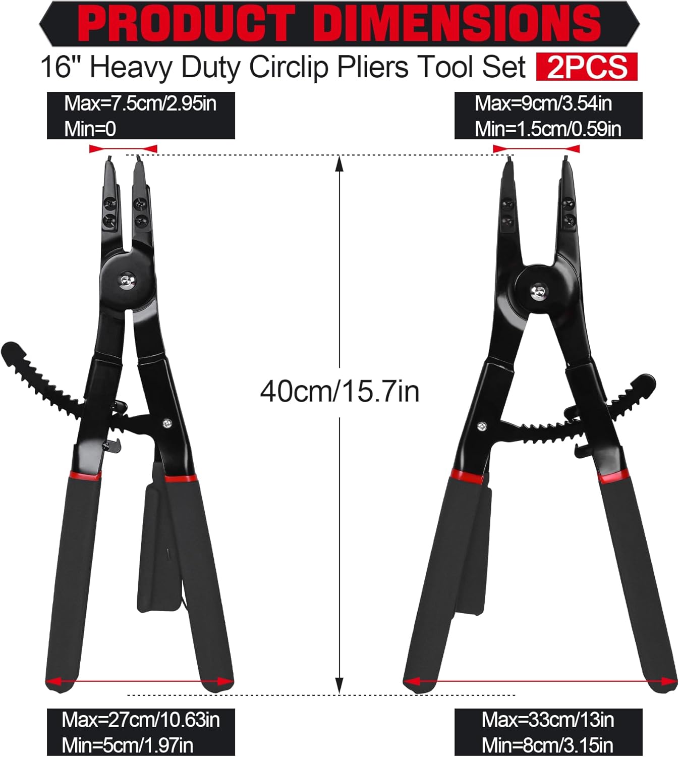 Snap Ring Pliers Set Heavy Duty - 2 PCS Large Heavy Duty Snap Ring Circlip Pliers ,16" Internal External Circlip Pliers Set with 45° 90° Tips