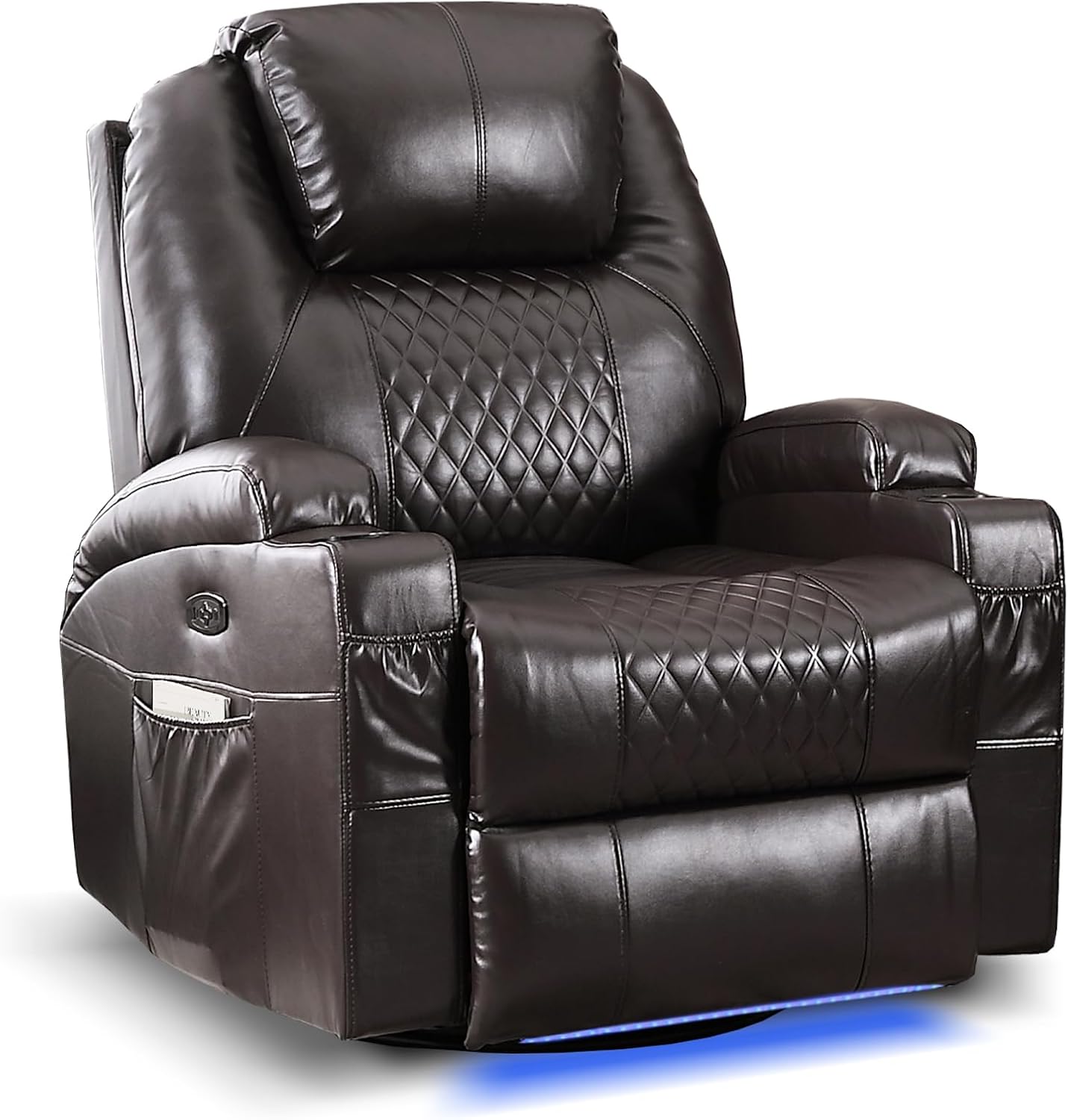 AHMED Power Swivel Rocker Recliner Chair with Massage and Heat, Faux Leather Home Theater Seating with LED Ambient Lighting, Glider Reclining Sofa with Cup Holders for Living Room,Black