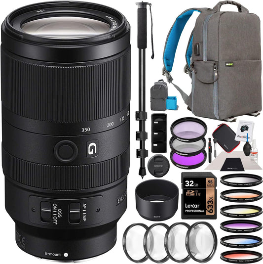Sony E 70-350mm F4.5-6.3 G OSS Super Telephoto Lens SEL70350G for E-Mount Mirrorless APS-C Cameras Bundle with Deco Gear Backpack + Pro Filter Kit UV/CPL/FLD, Macro, Graduated + Monopod & Accessories