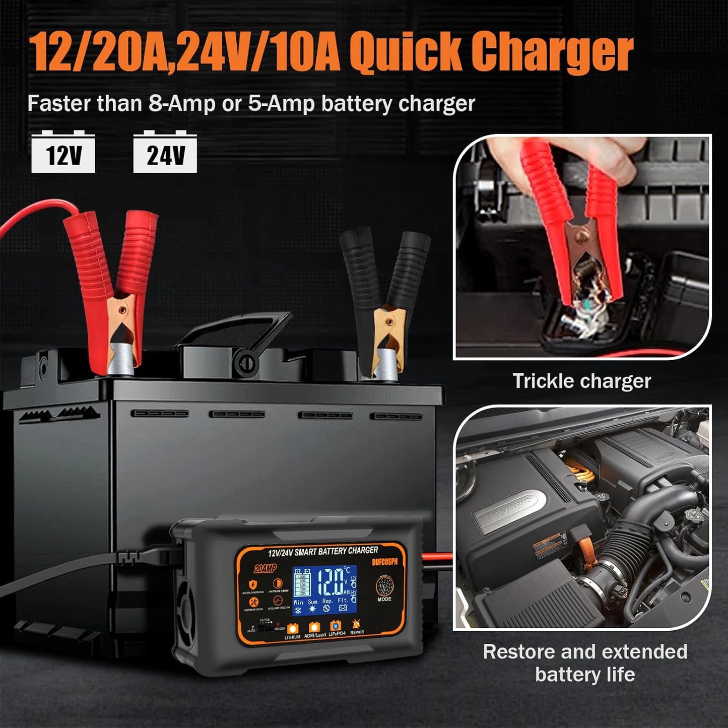 20 Amp Smart Battery Charger for Lifepo4 Lithium AGM Gel Batteries - 12V/20A and 24V/10A Trickle Charger, Maintainer for Boat, Motorcycle, Lawn Mower, Golf Cart