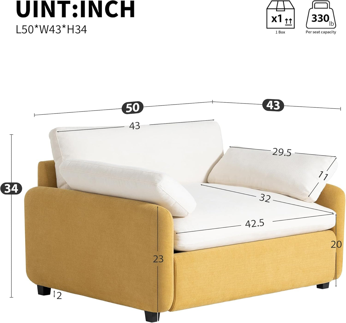 50'' Chenille Oversized Accent Chair, Modern Single Sofa Lounge Living Room Chair with Large Seat and Extra Wide Armrests, Comfy Upholstered Reading Armchair for Living Room, Bedroom, Yellow