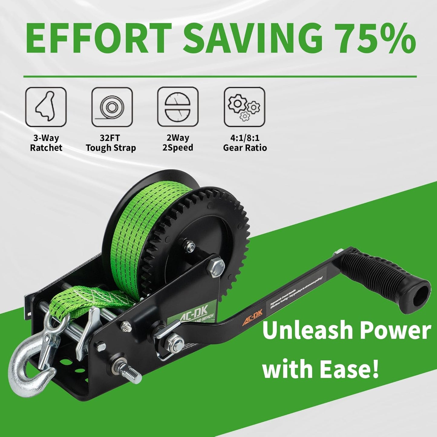 AC-DK 3200lbs Heavy Duty Boat Trailer Winch with 32FT Strap,2-Way Ratchet 4:1/8:1 Gear Trailer Winch,Portable Hand Crank Winch for Boat, Truck, Trailer, RV, ATV, Jet Ski