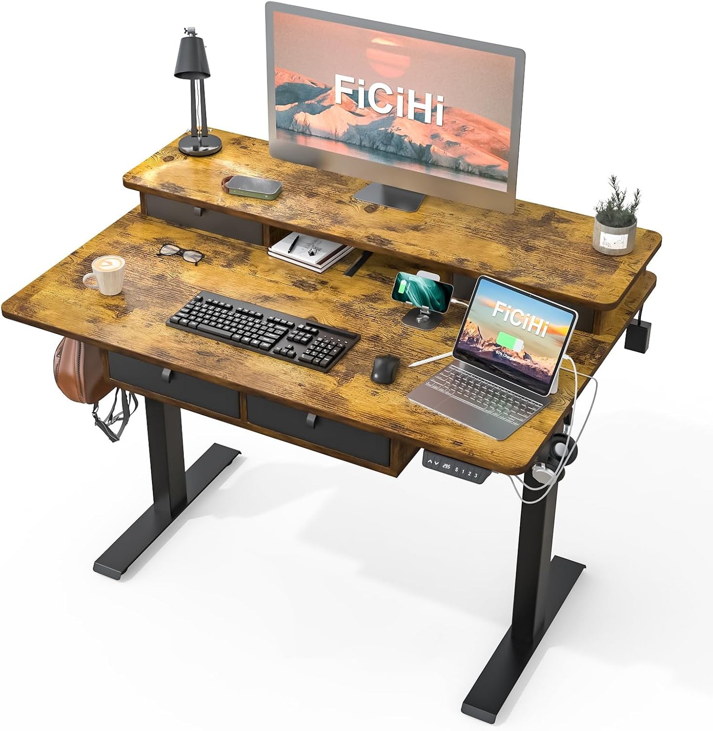 Adjustable Height Standing Desk with 4 Drawers & Wheels,63 x 30 inches Electric Sit Stand Home Office Desk with Two Tiers, 3 Memory Presets, Monitor Stand Riser, USB A/C Charging Port