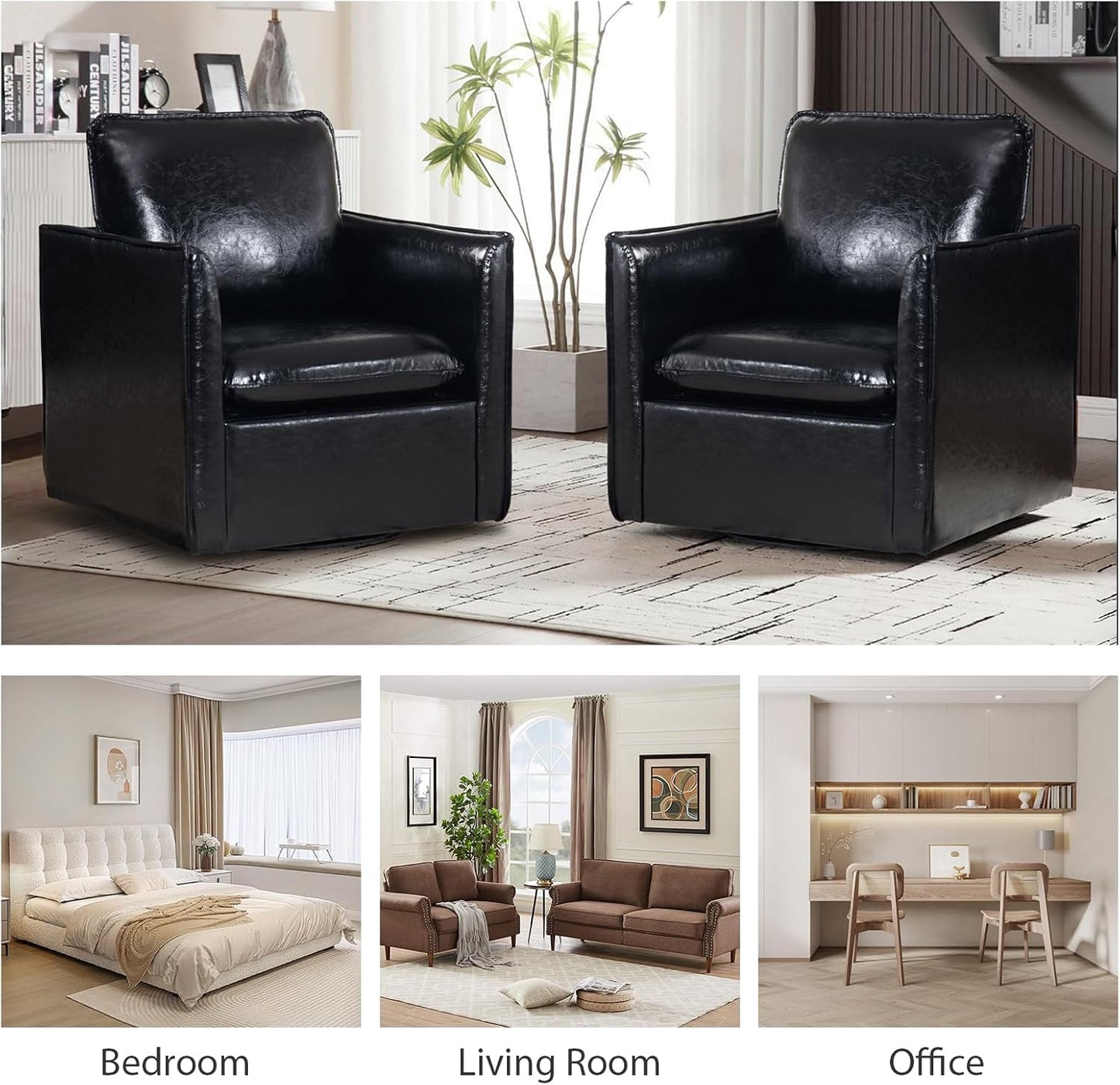 Swivel Accent Chair Set of 2, Leather Upholstered Arm Chair with Back Pillow Mid Century Modern Barrel Chairs for Living Room, Bedroom, Corner, Club (Black)