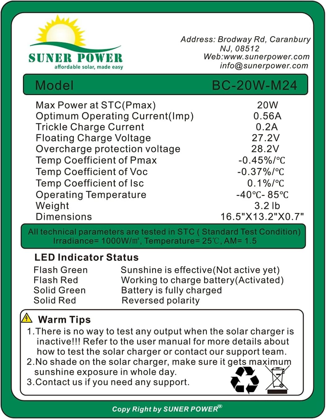 SUNER POWER 24V 20W Solar Battery Trickle Charger Maintainer, Built-in Smart MPPT Charge Controller, Waterproof 20 Watt Solar Panel Kits for 24 Volt Rechargeable Batteries