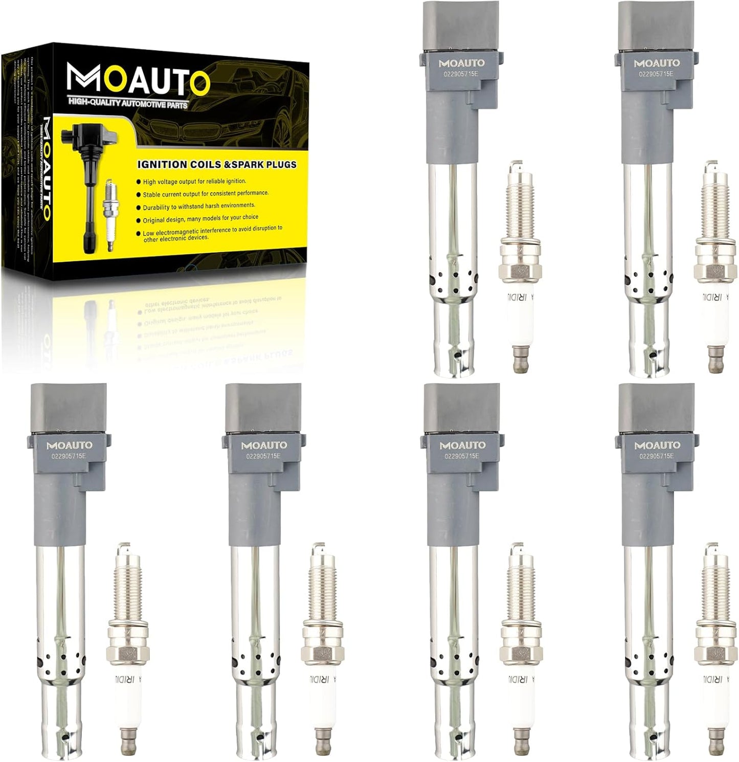 Set of 6 Ignition Coils Pack UF616 022905715E & 6 PCS Iridium Spark Plugs Compatible with Audi Q7 Volkswagen Atlas CC Passat Touareg Porsche Cayenne - 3.6L V6 Replace GN10443 022905715A