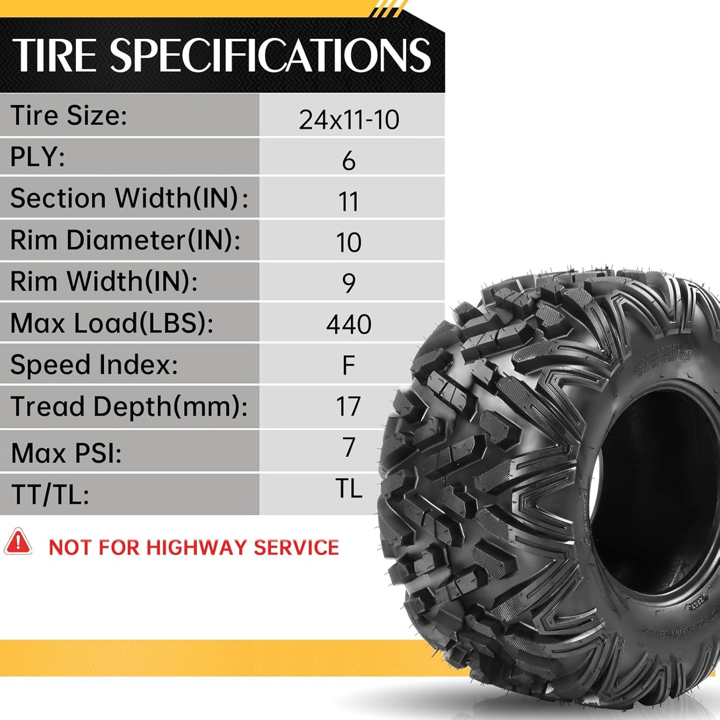 AutoForever ATV UTV Tires 24x11-10,6PR All Terrain Mud Tires 24x11x10 Bighorn Style,Tubeless(Set of 2)
