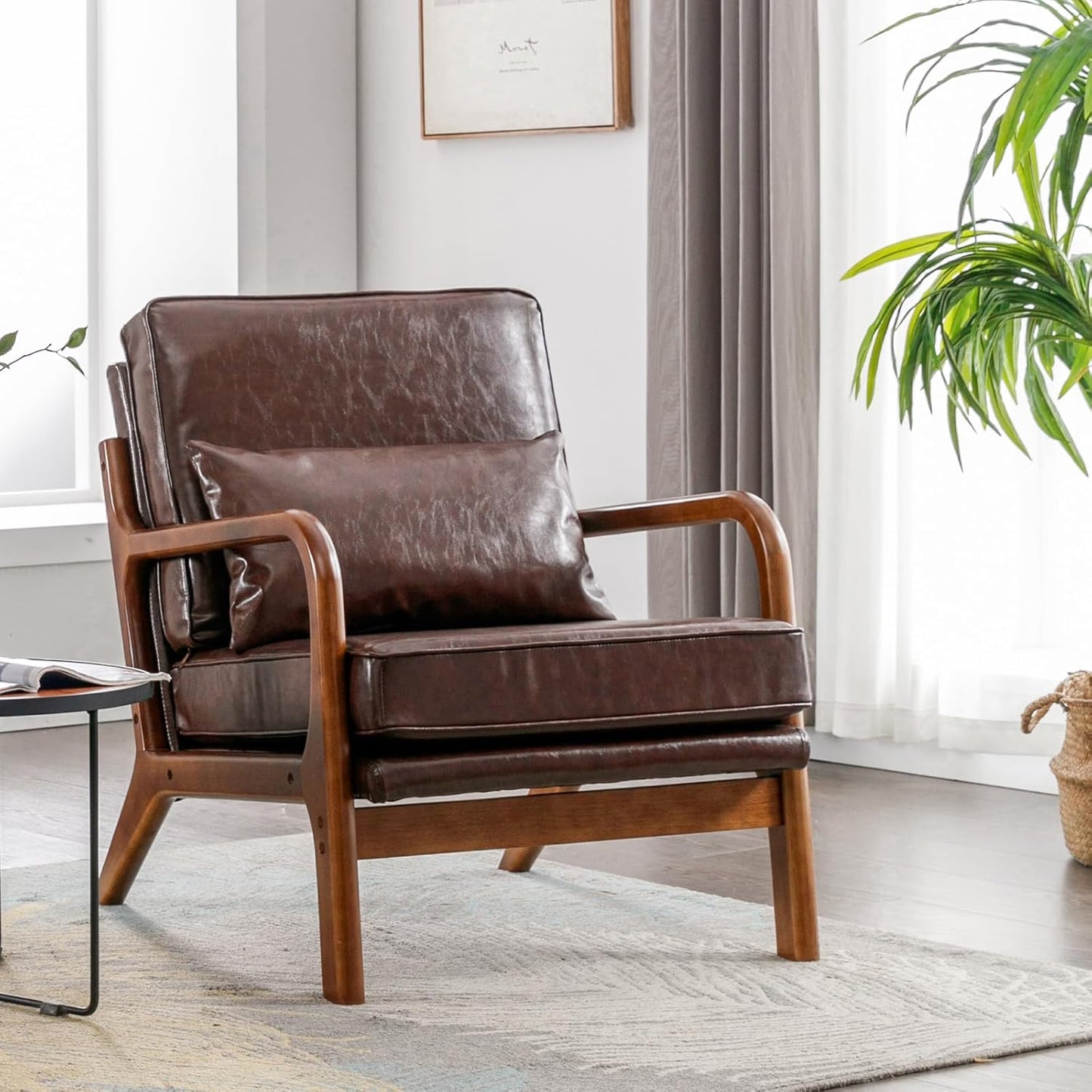 Accent Chair Set of 2- Mid-Century Modern Chairs Living Room Furniture Set Bedroom Reading, Solid Wood Arm Chair Lumber Pillow, Comfy Cushion Ergonomic Lounge Armchair Brown Leather Office Side Chair