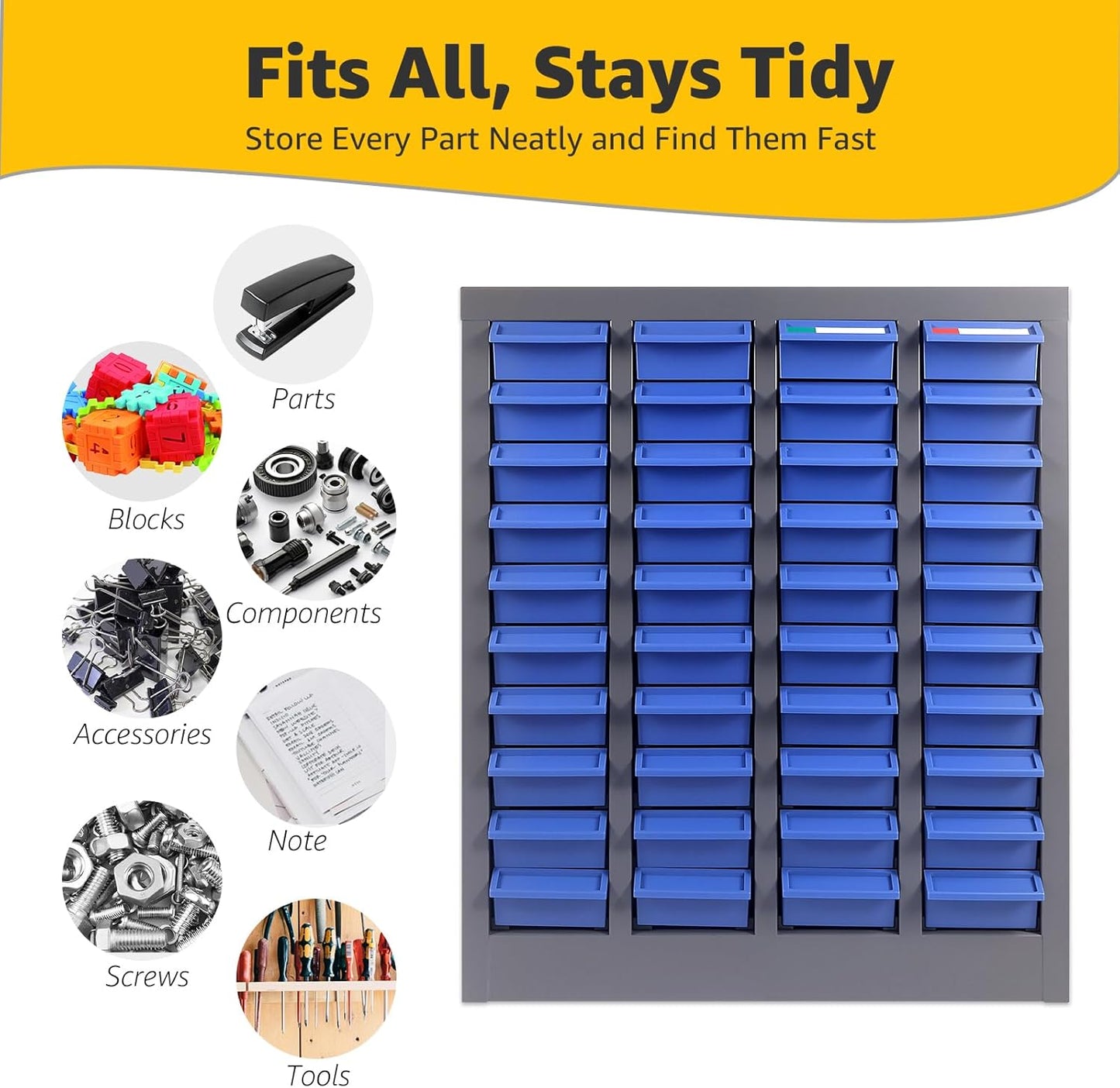 40 Drawer Parts Cabinet Organizer with Dividers and Labels, Alloy Steel Frame, ABS Drawers for Bolts, Nuts, Screws, Tool Storage in Workshop, Garage, or Classroom (40 Drews)