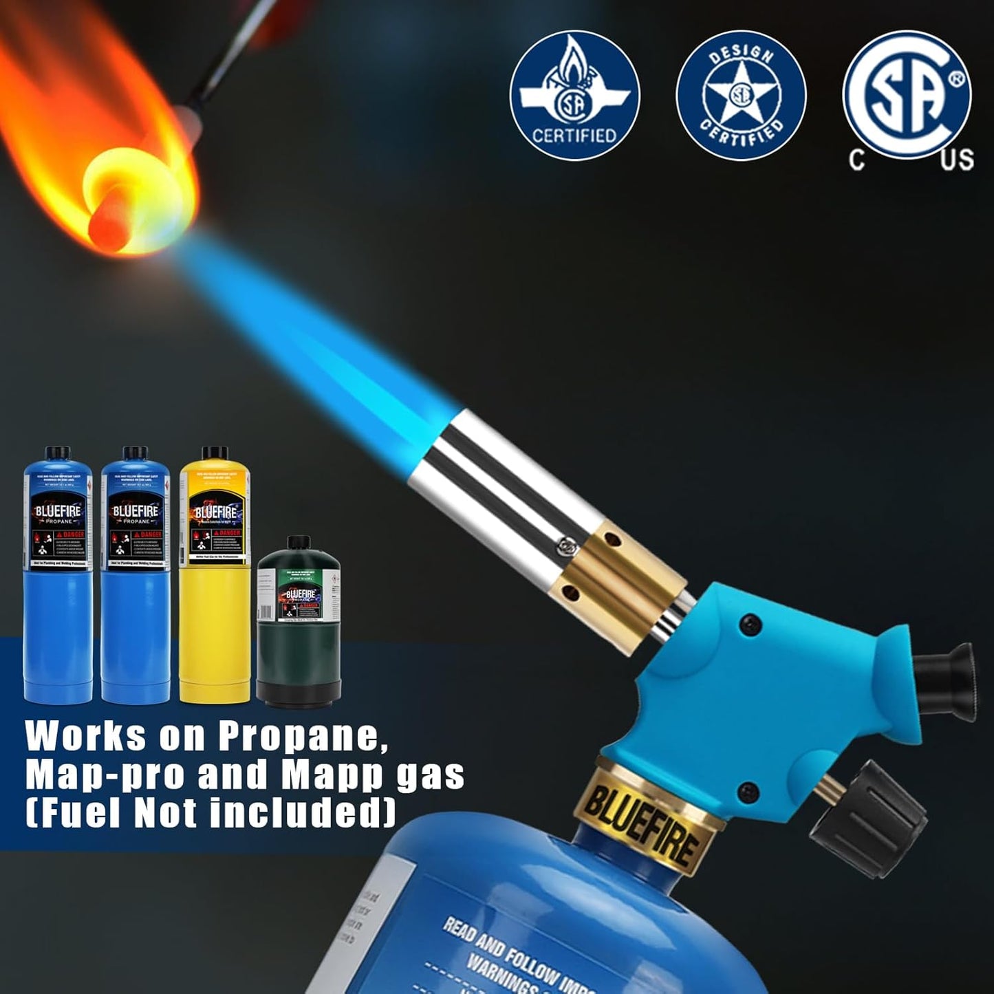 BLUEFIRE Handy Cyclone Torch Kit with Propane Cylinder Push Button Trigger Start Nozzle Head Fuel by Propane MAPP MAP PRO Gas Welding Soldering Brazing Cooking Glass Beads DIY