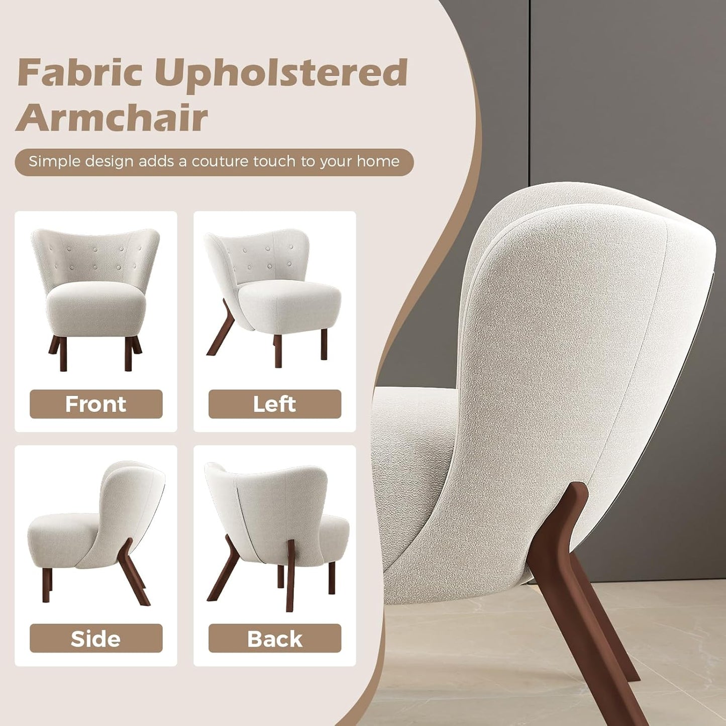 Bonzy Home Modern Accent Chair, Fabric Upholstered Wingback Side Chair with Wooden Legs, Slipper Chair for Living Room, Bedroom, Entryway, White