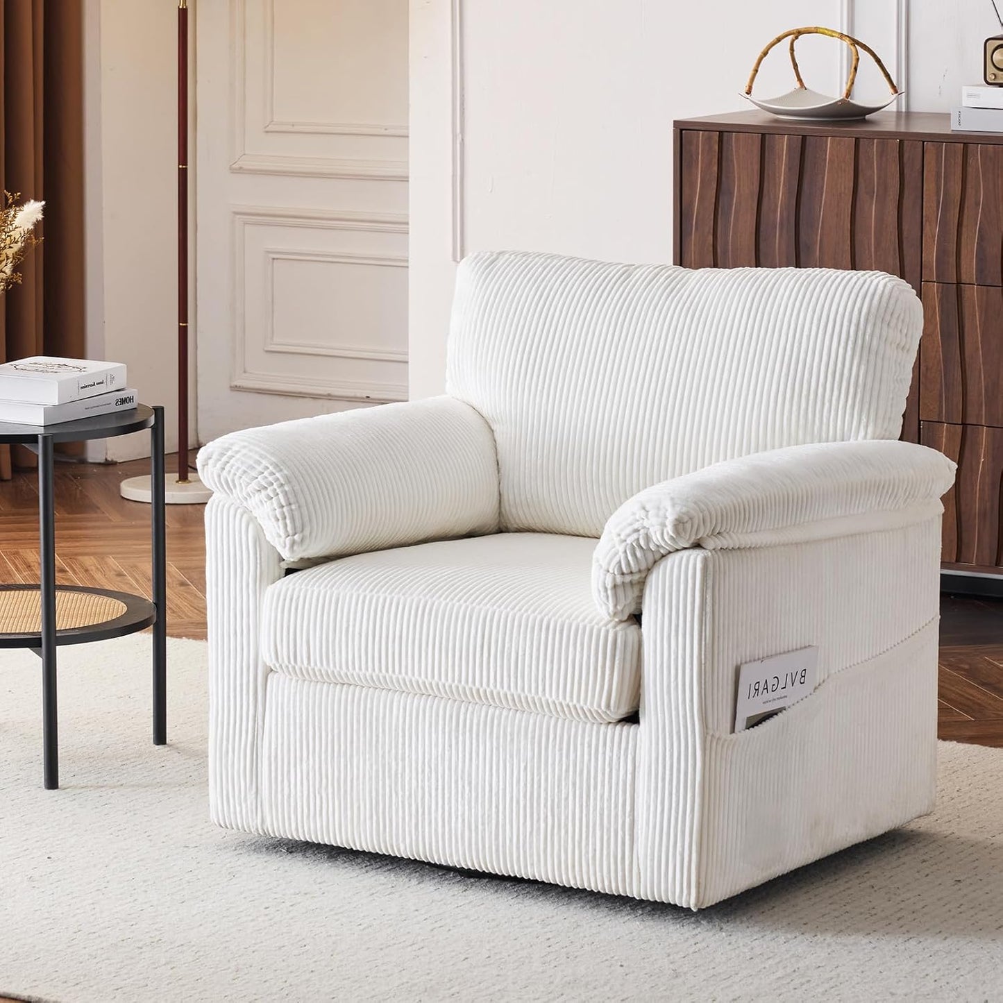 Accent Chair Set of 2, White Corduroy | Compact 360° Swivel for Small Spaces, Plush Deep-Cushioned Reading Chair