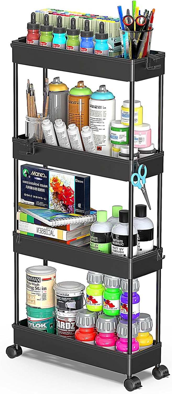 SPACEKEEPER Slim Rolling Storage Cart 4 Tier Bathroom Organizer Mobile Shelving Unit Utility Cart Tower Rack for Kitchen Laundry Narrow Places, White