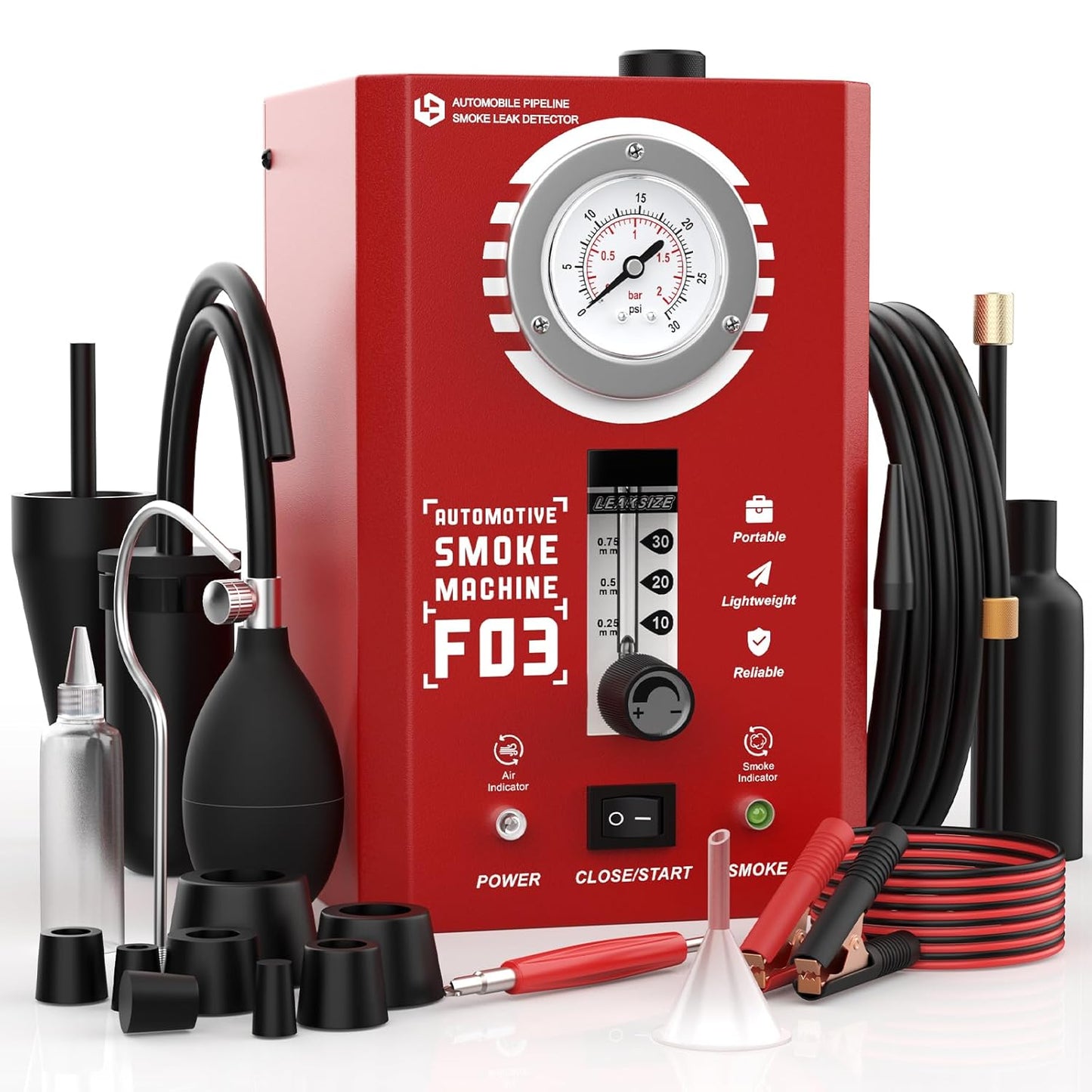Smoke Machine Automotive with Flow Meter & Pressure Gauge, F03 EVAP Smoke Leak Detector Tester for Car & All 12V DC Vehicles in Vacuum - Fuel Diagnostic Pipe System, Built-in Air Pump (Oil Excluded)