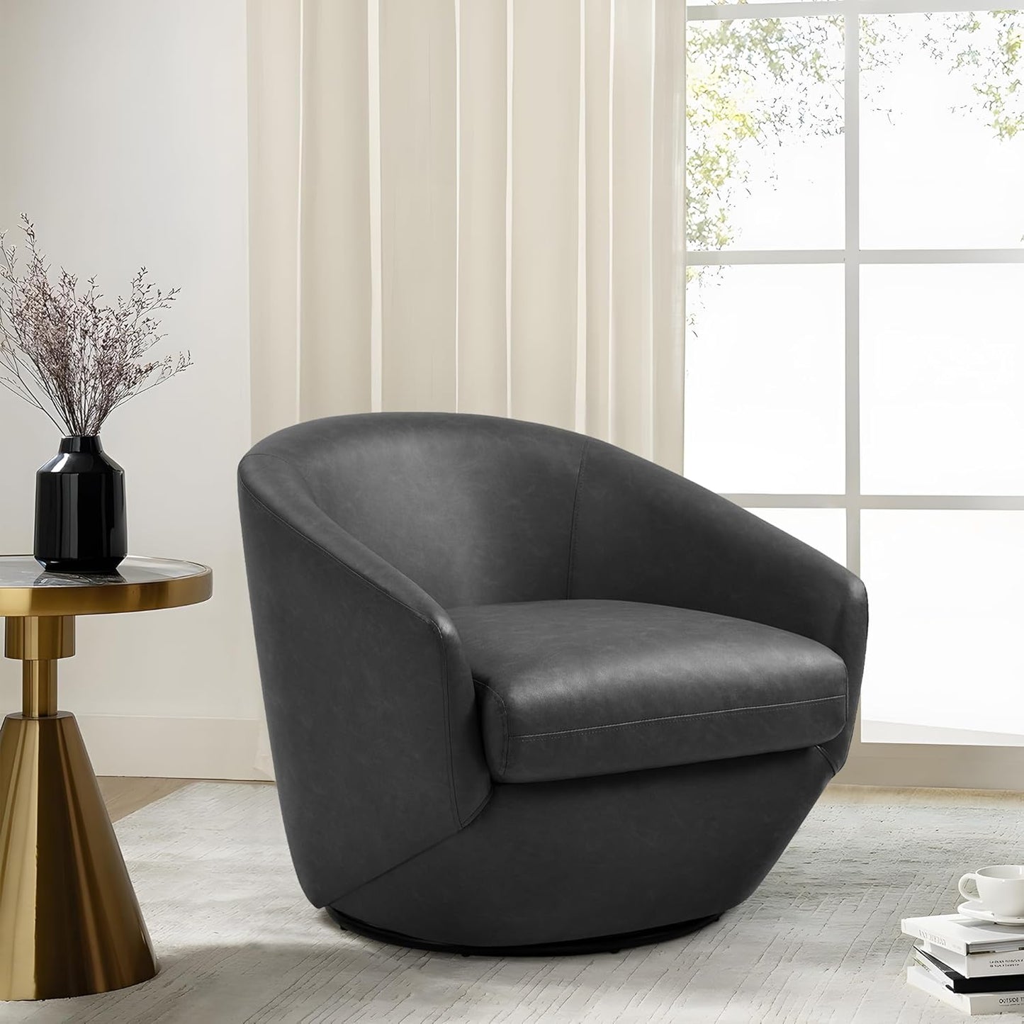 Swivel Barrel Chair, Modern Round PU Leather Accent Armchair for Living Room, Bedroom, Oversized Comfy Club Reading Chairs for Adults (Leather Red Brown, Set of 1)