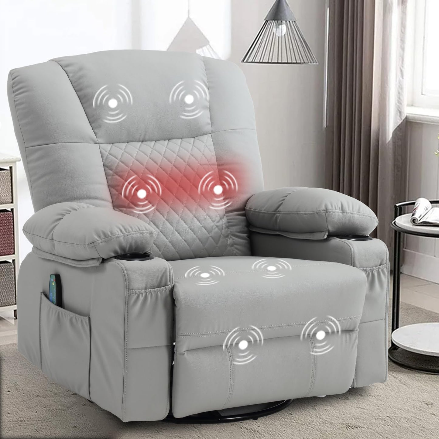 Swivel Rocker Recliner Chair for Adults with Vibration Massage, Overstuffed Soft Fabric Recliner with Lumbar Heat, Modern Manual Rocking Recliner with Cup Holders, for Living Room, Home Theater, Grey