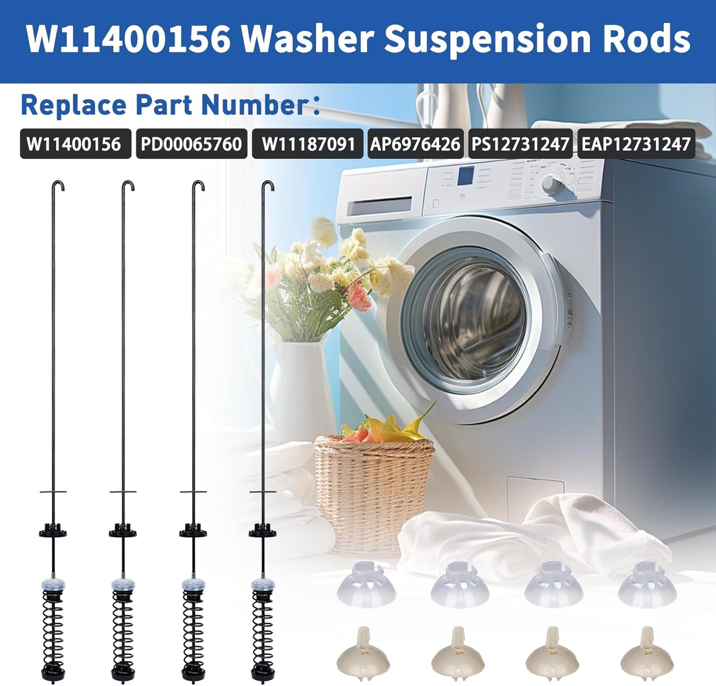 2025 Upgraded W11400156 W11187091 WTW7120HW0 MVW7230HW0 MVW7232HW0 WTW8127LC0 Washer Suspension Rods Kit for whirlpool kenmore and maytag Replace PD00065760、AP6976426、PS12731247、EAP12731247