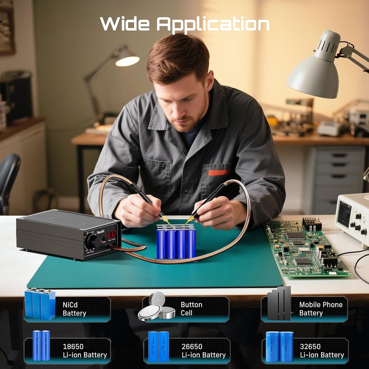 SEESII Battery Spot Welder: Battery Welder Kit for 0.1-0.3mm Nickel Strip Welding, Spot Welder for Lithium Battery, 10-90 Gears, Foot Pedal Control, Dual Pulse, Ideal for 18650 Battery DIY