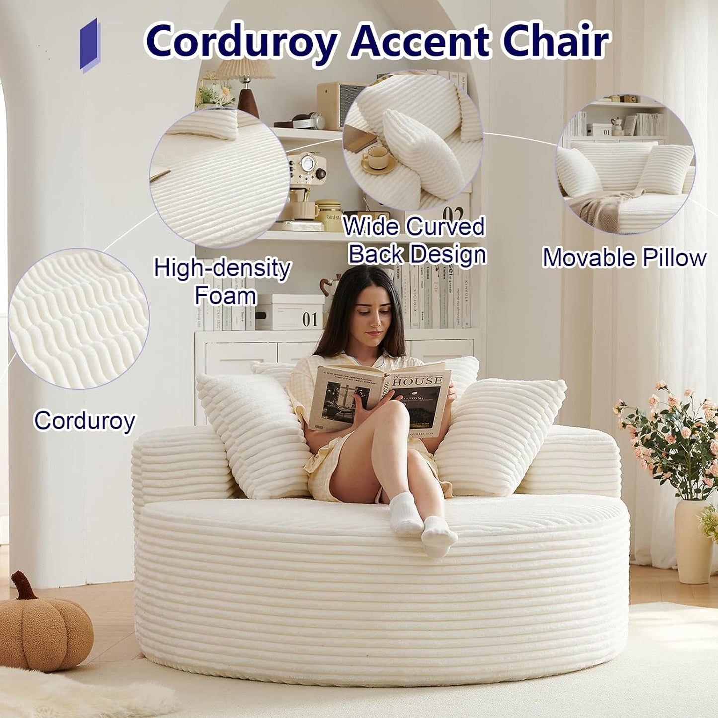 55" L Corduroy Sponge Single Sofa, Oversized Round Chair, Fluffy Modern Sleeper Chairs for Living Room, Lounge and Projection Room, Wide Armrest Lounge Chairs, Armchair with Pillow White