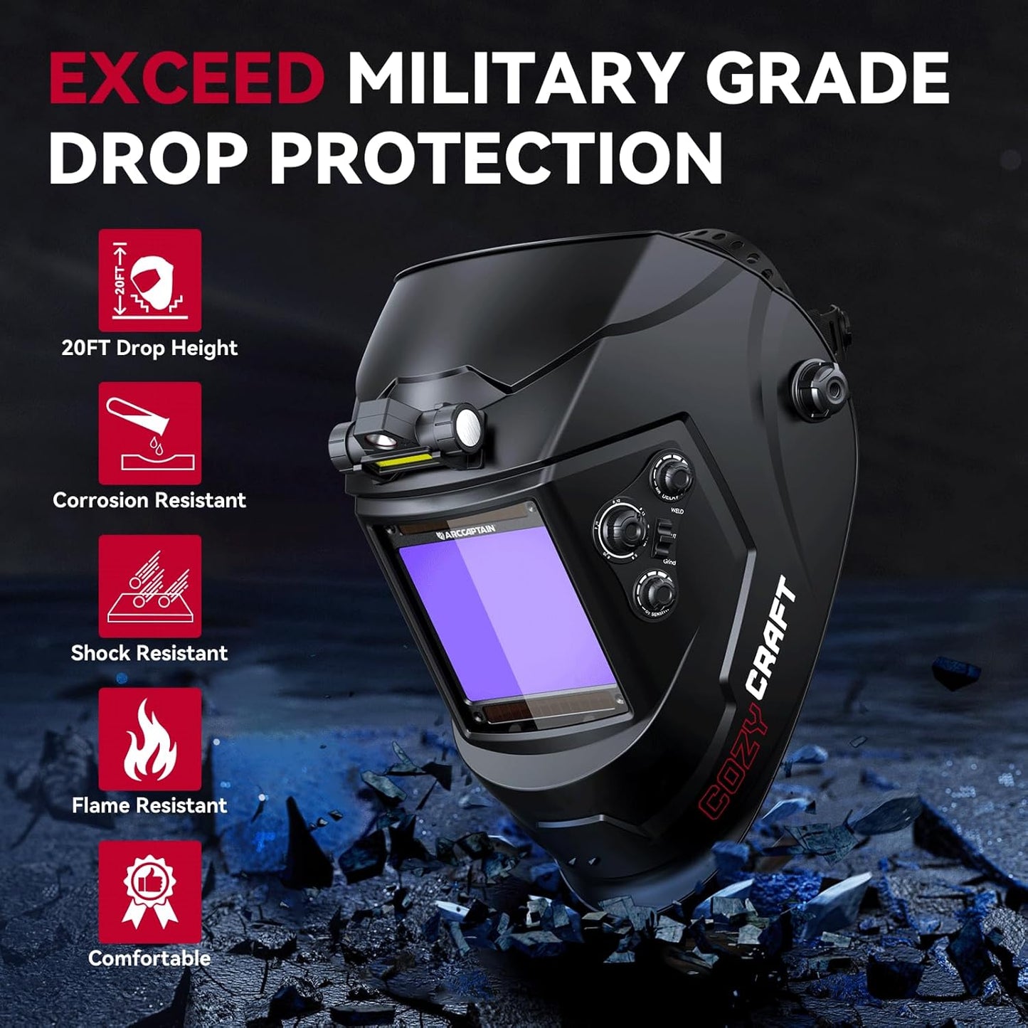 ARCCAPTAIN Large View 3.94" x 3.66" True Color Auto Darkening Welding Helmet with Light, Solar Powered Welding Hood, 4 Arc Sensor Wide Shade 4/5-9/9-13 for Stick MIG TIG Cut