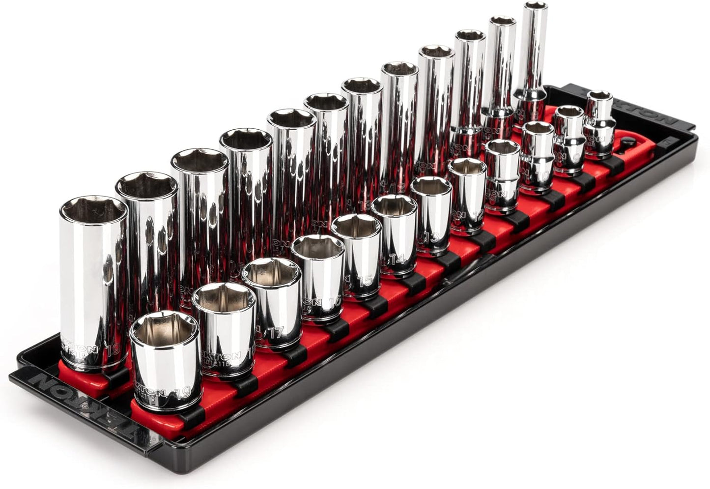 TEKTON 3/8 Inch Drive 6-Point Socket Set with Rails and Tray, 38-Piece (6-24 mm) | SHD91211