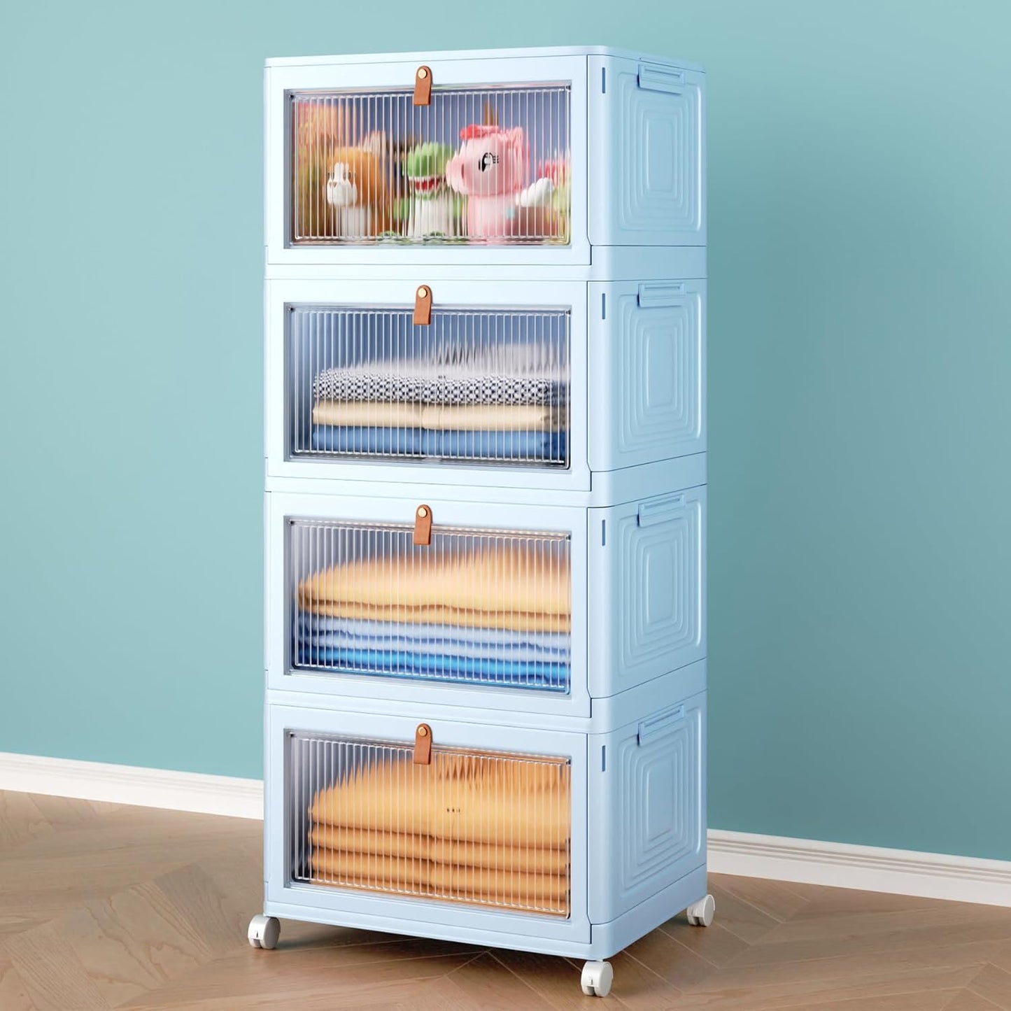 4 Tier Storage Bins with Lids, 23QT Stackable Closet Organizers and Storage with Wheels, Collapsible Storage Boxes, Foldable Plastic Storage Containers for Home,Office, Dorm Room-White