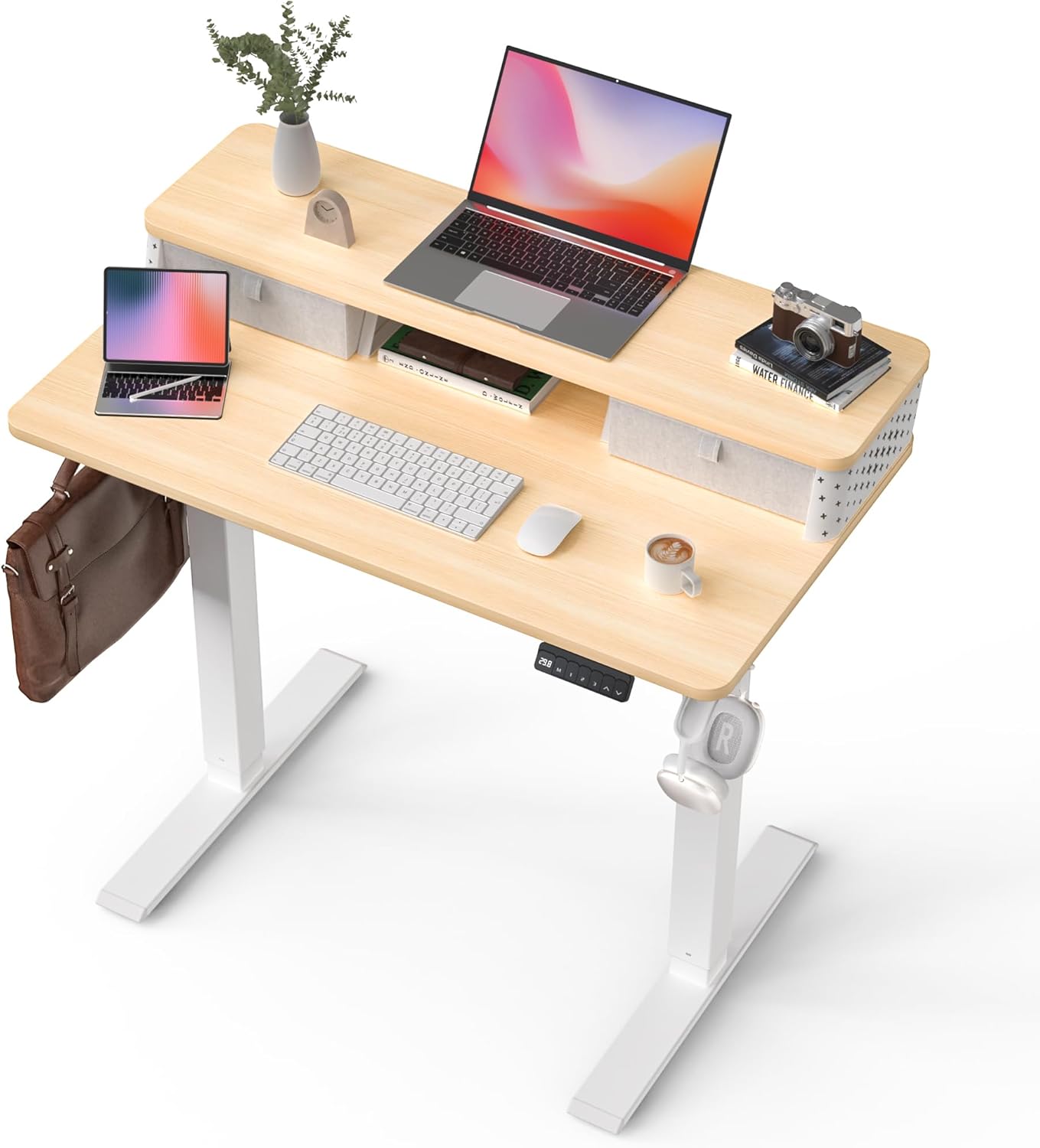 35x20 Inch Standing Desk with Double Drawers, C-Clamp Mount Compatible, Electric Adjustable Height Computer Stand Up Desks, Home Office Sit Stand Table with 3 Preset Heights & 2 Hooks, Black