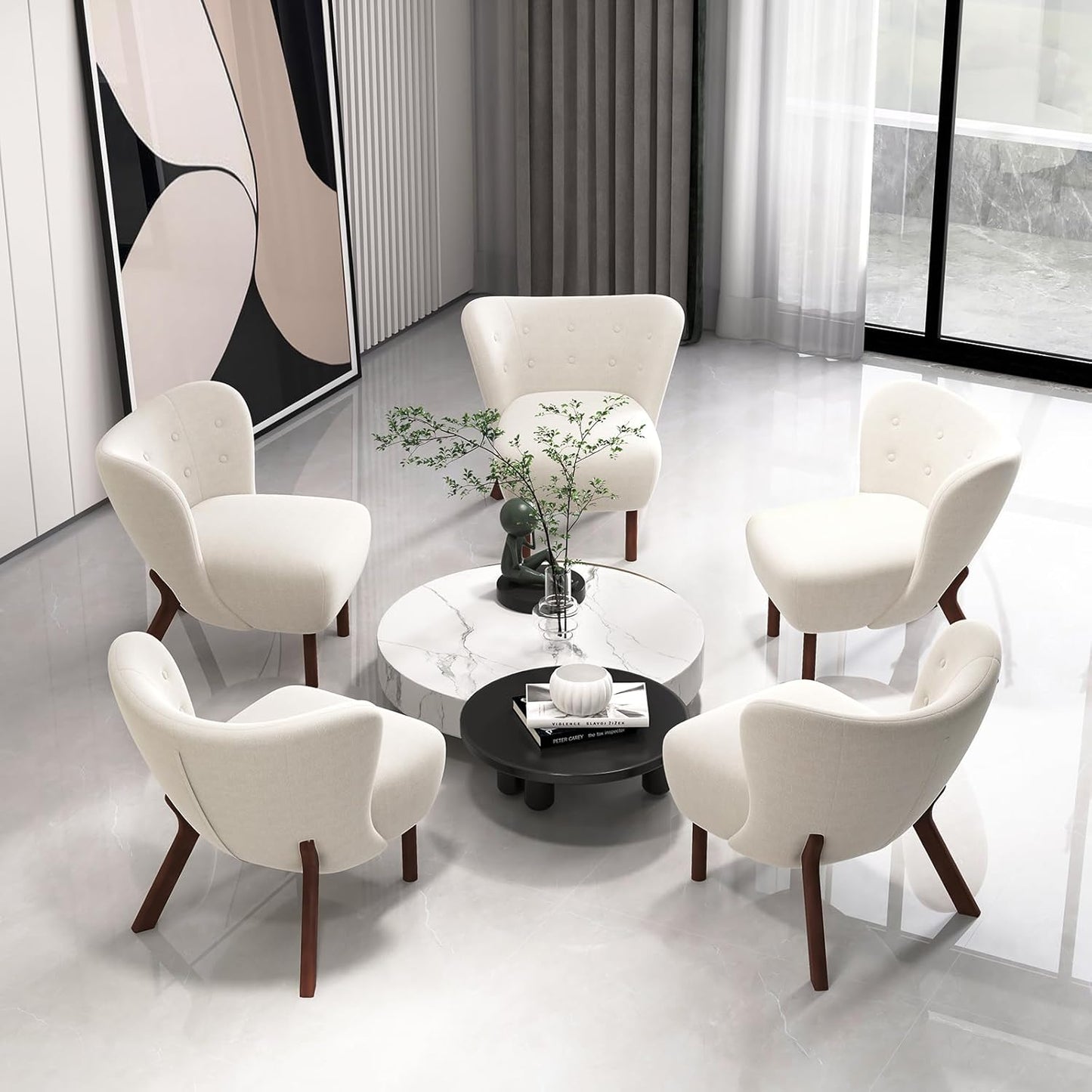Bonzy Home Modern Accent Chair, Fabric Upholstered Wingback Side Chair with Wooden Legs, Slipper Chair for Living Room, Bedroom, Entryway, White