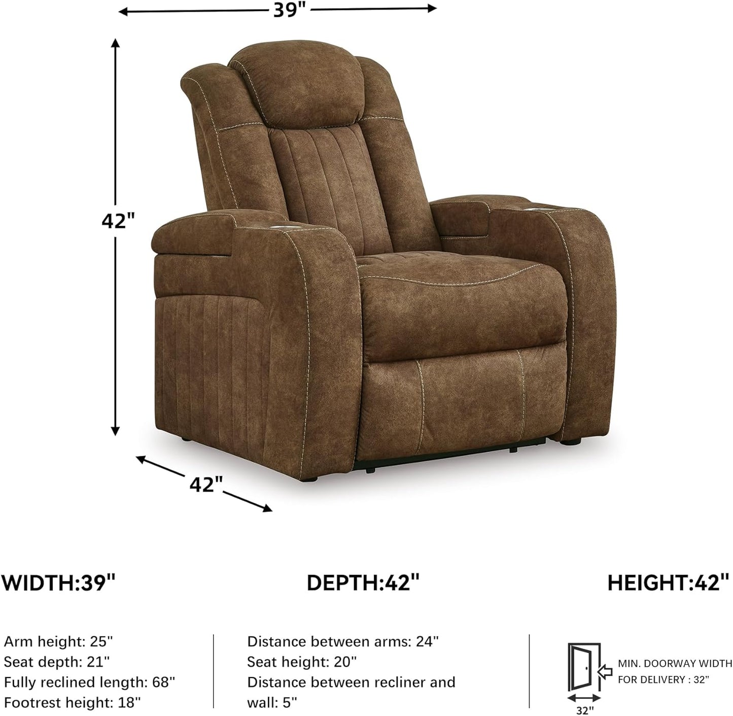Signature Design by Ashley Wolfridge Contemporary Faux Leather Upholstered Power Recliner with Adjustable Headrest, USB Ports and 2 Cup Holders, Dark Brown