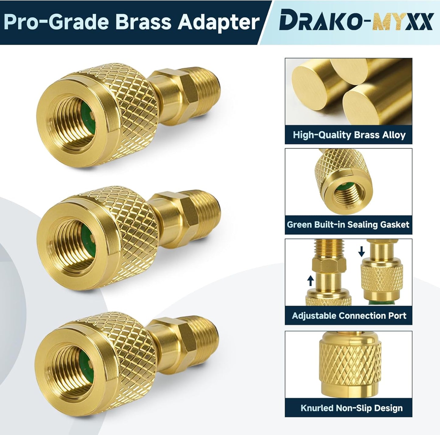 3Pcs A2L R-32 R-454B Adapter, 1/4" Left-Hand Female to 1/4" Right-Hand Male Flare Fittings, for R-32/R-454B A2L Refrigerant LH Tanks and RH Service Hose, Brass HVAC Charging Adapter (Straight × 3)