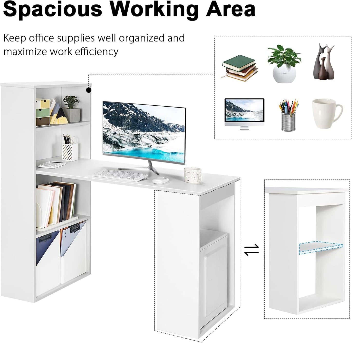 AUGESTER Computer Desk with Bookcase, Desk Bookshelf Cabinet 3 in 1 Functional Table, Compact Computer Workstation with Storage Shelf and CPU Holder, Suitable for Home & Office (White)