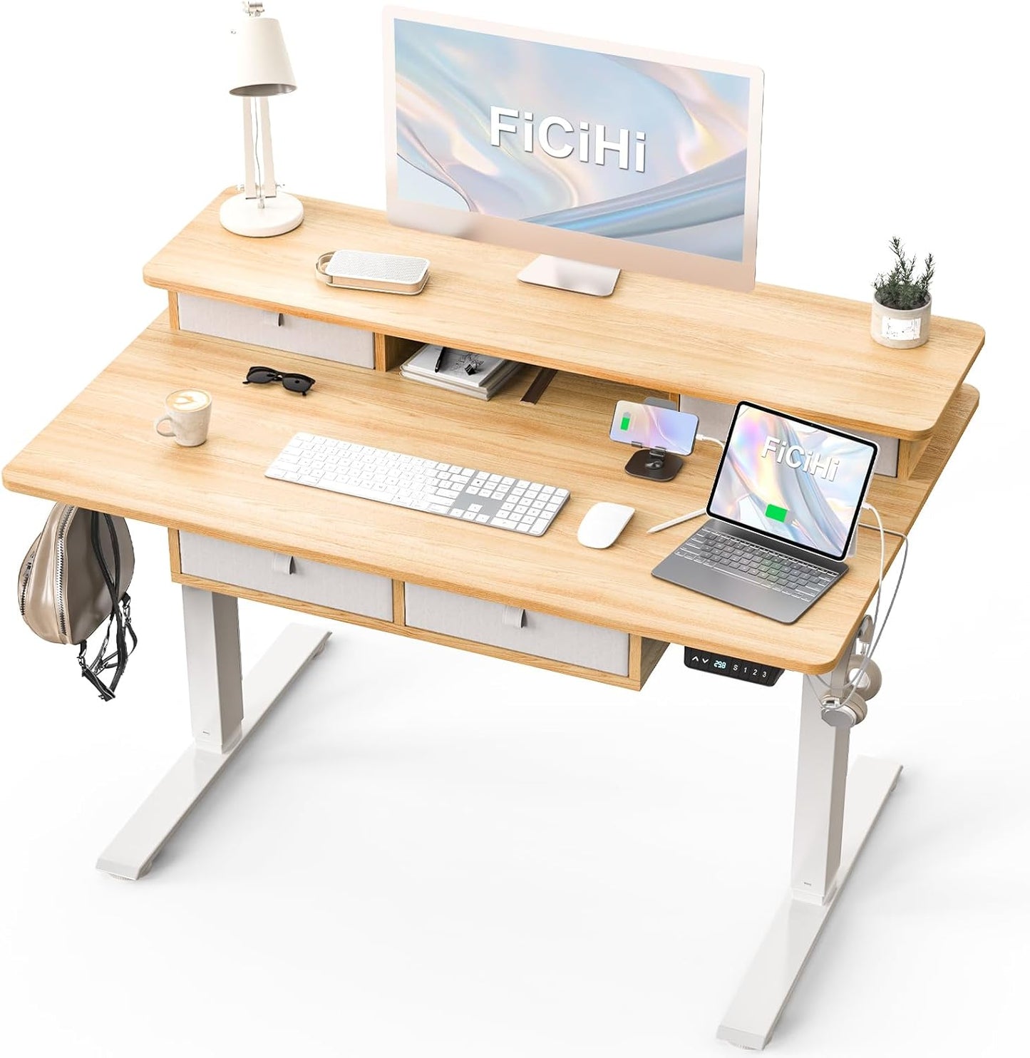 Adjustable Height Standing Desk with 4 Drawers & Wheels,63 x 30 inches Electric Sit Stand Home Office Desk with Two Tiers, 3 Memory Presets, Monitor Stand Riser, USB A/C Charging Port