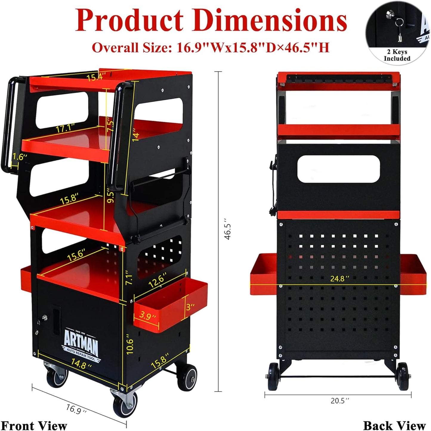 4-Tier 1-Cabinet Tool Cart on Wheels, Multifunctional Rolling Tool Chest Tool Storage with Key Lock and Handle, Rolling Tool Trolley Organizer Tool Case for Workshop, Diagnostics(Black+Red)