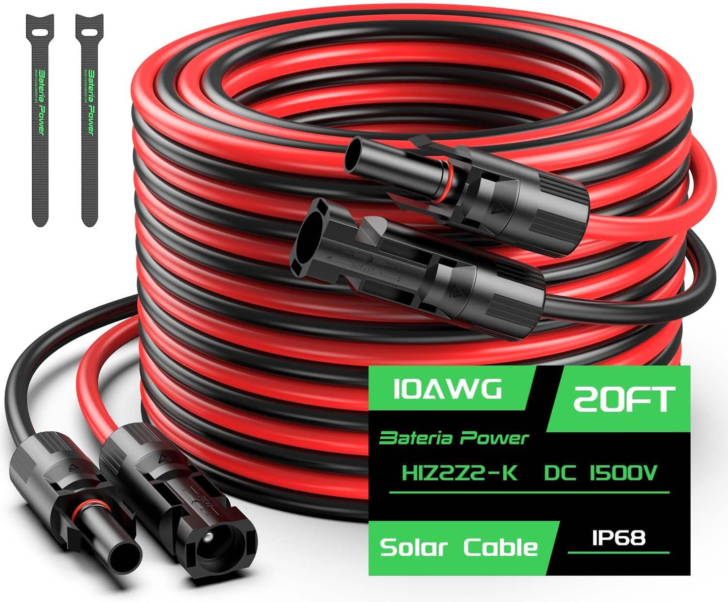 50FT 10AWG Solar Panel Extension Cable, 6mm² Solar Extension Cable Wire with Female & Male Waterproof Connectors for RV, Photovoltaic Systems, Set of 2