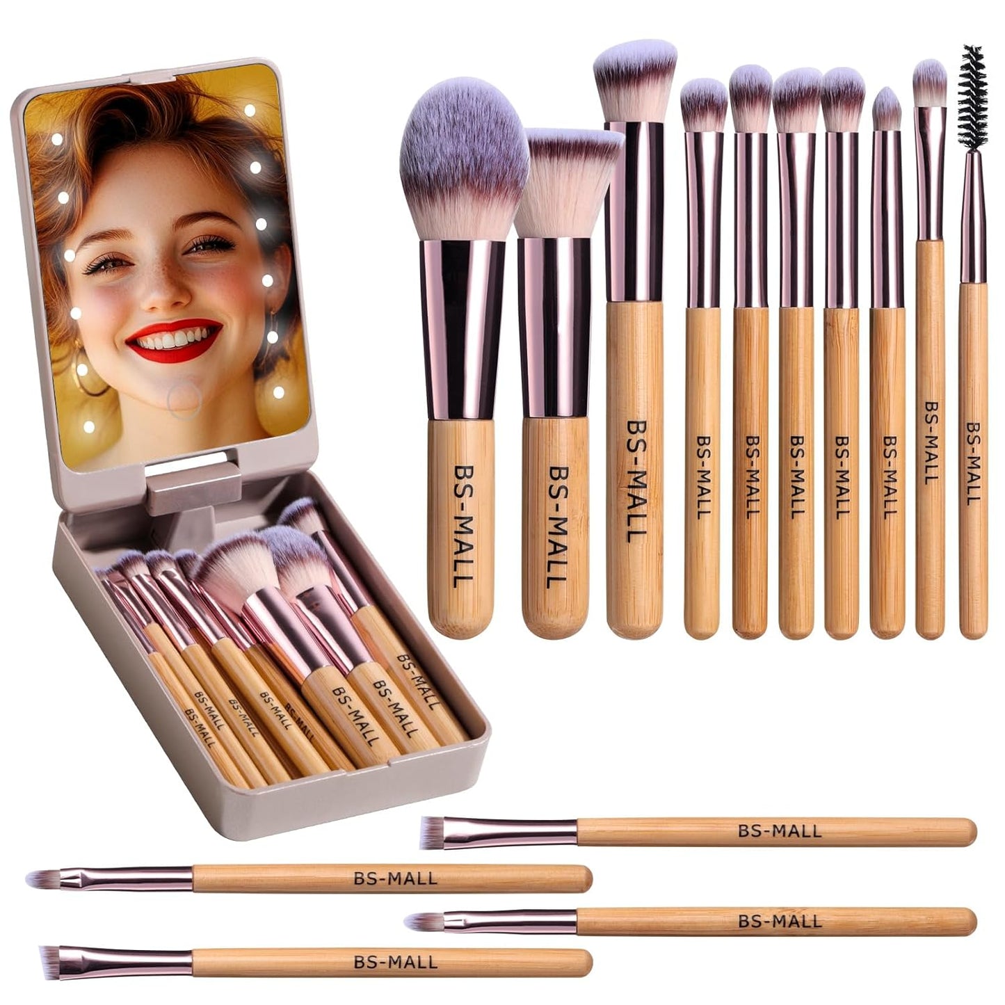 BS-MALL Makeup Brushes Foundation Powder Concealers Eye Shadows Makeup Set with LED light Mirror 14 Pcs Mini Makeup Brushes (APINK)